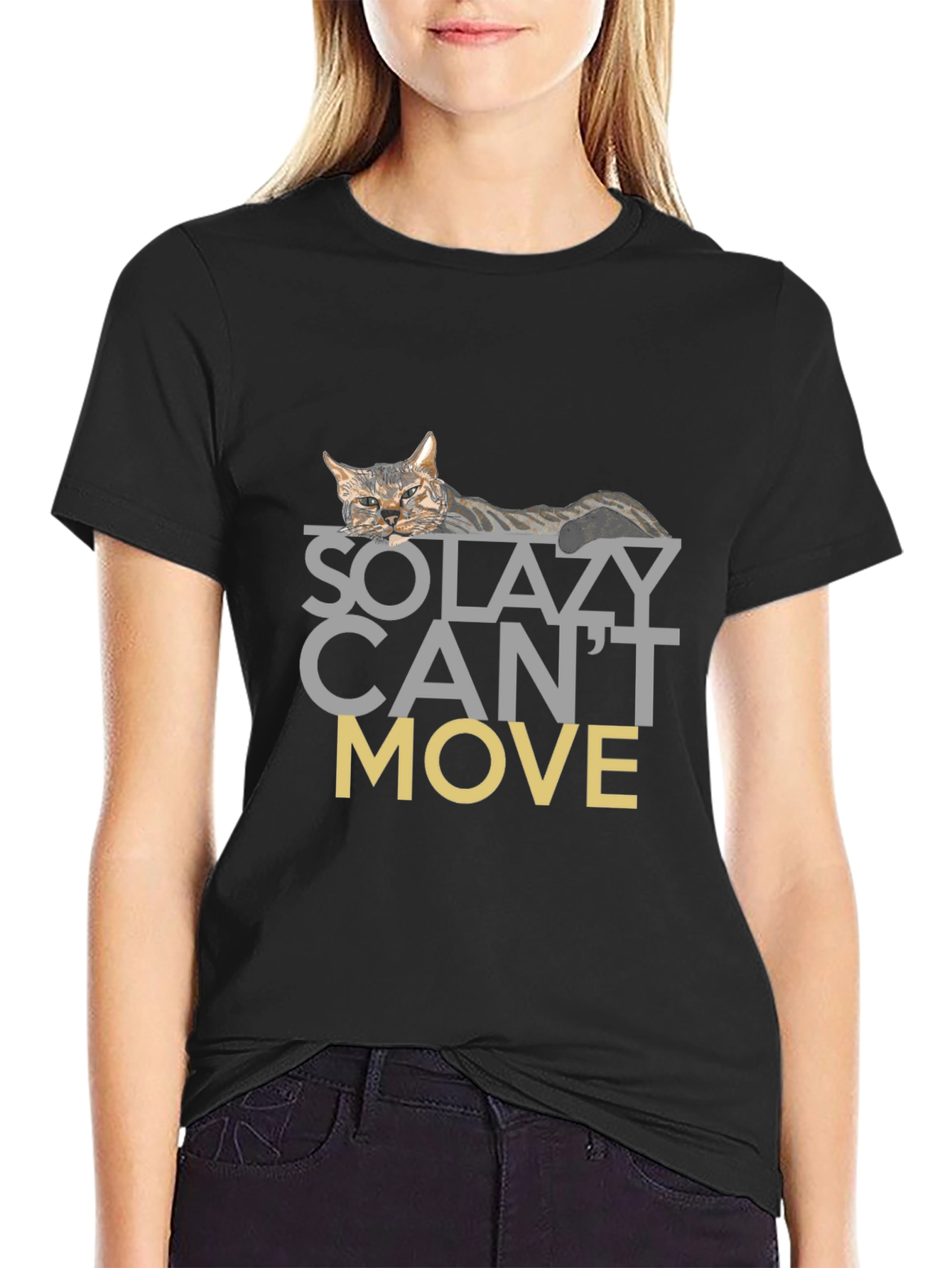 Black So Lazy Can't Move Cat Graphic T-Shirt view 2