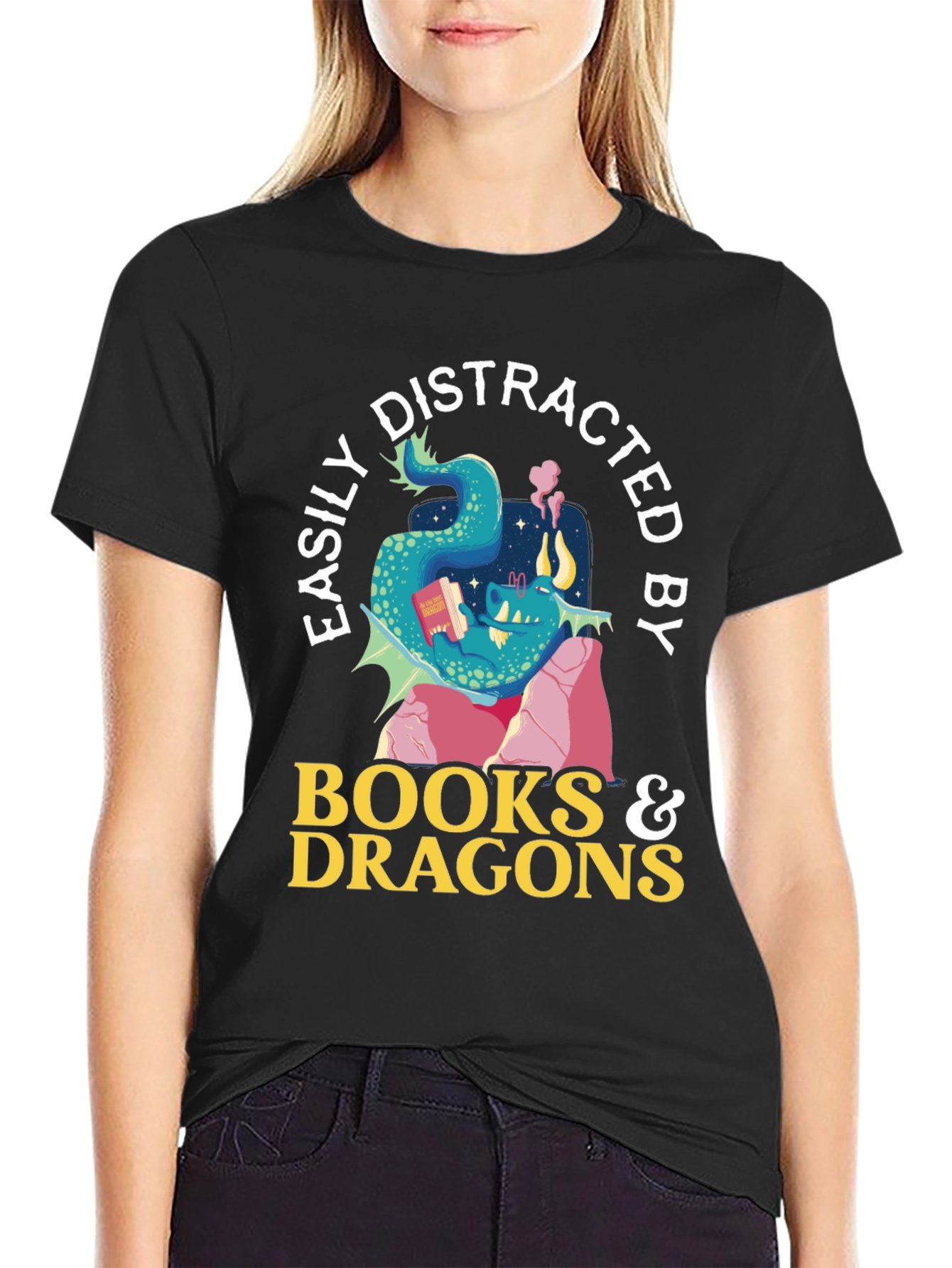 Black Easily Distracted by Books and Dragons T-Shirt view 2