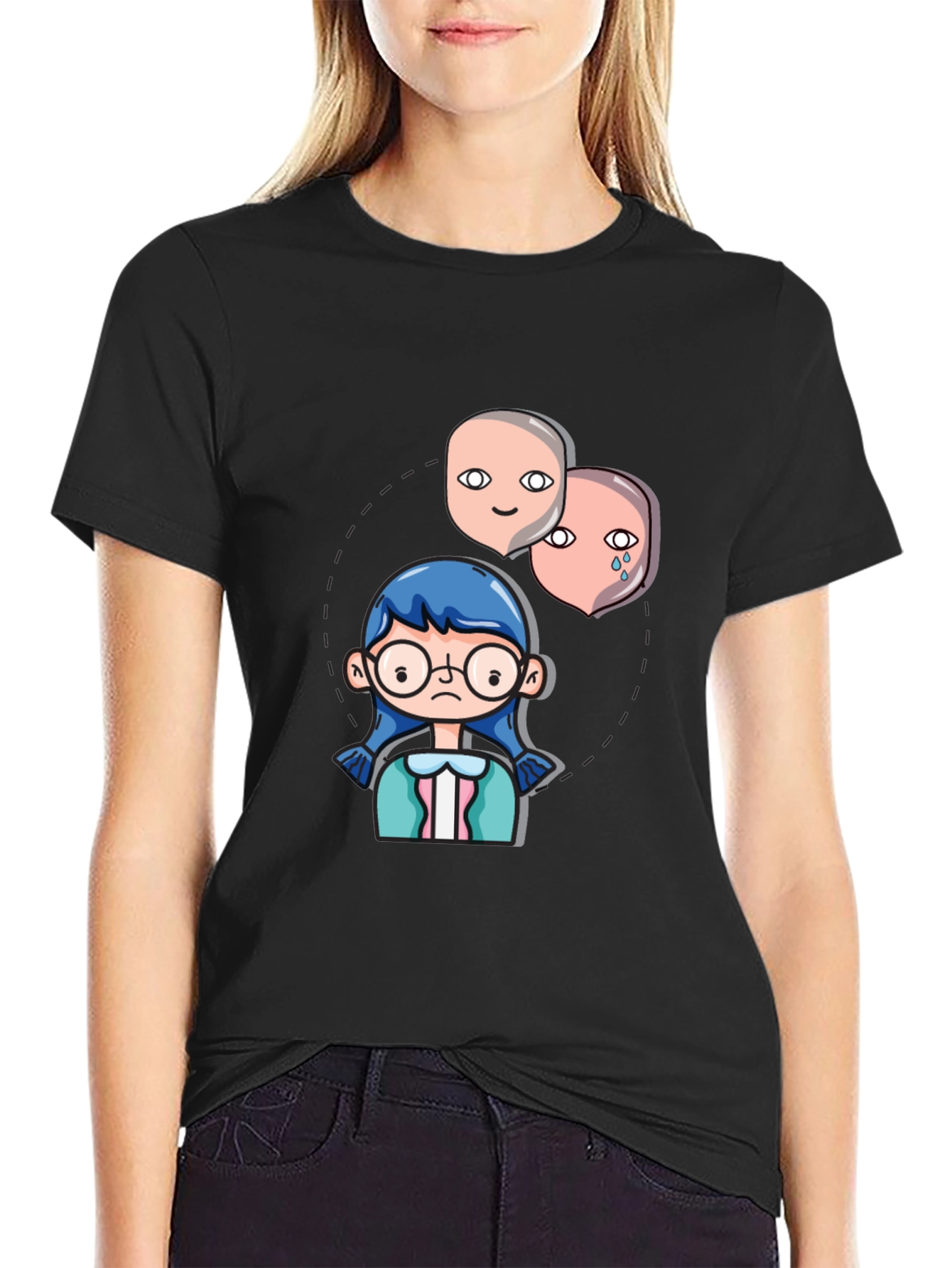 Black Emotional Cartoon Graphic Tee - Black view 2