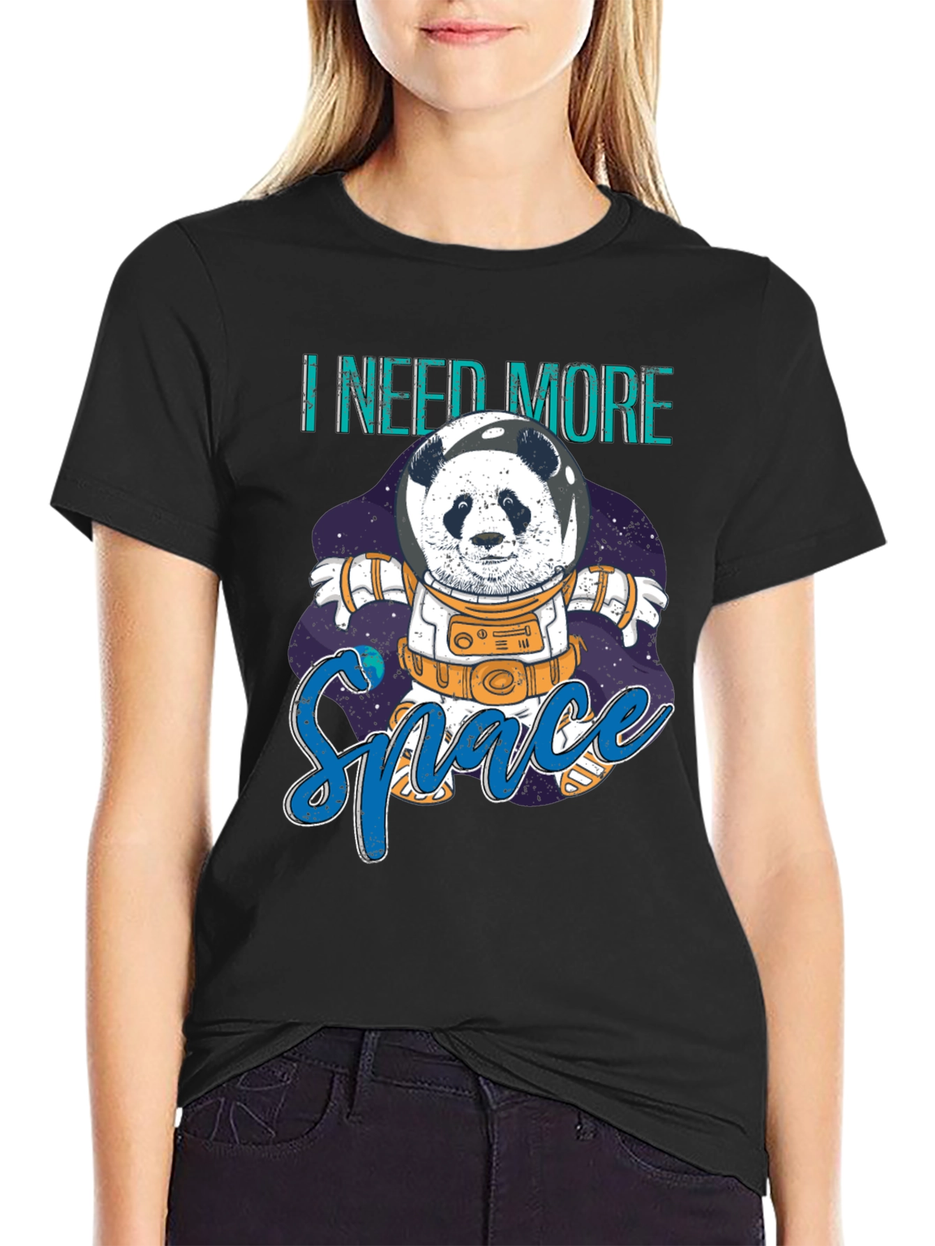 Black I Need More Space Panda Astronaut Graphic T-Shirt view 2