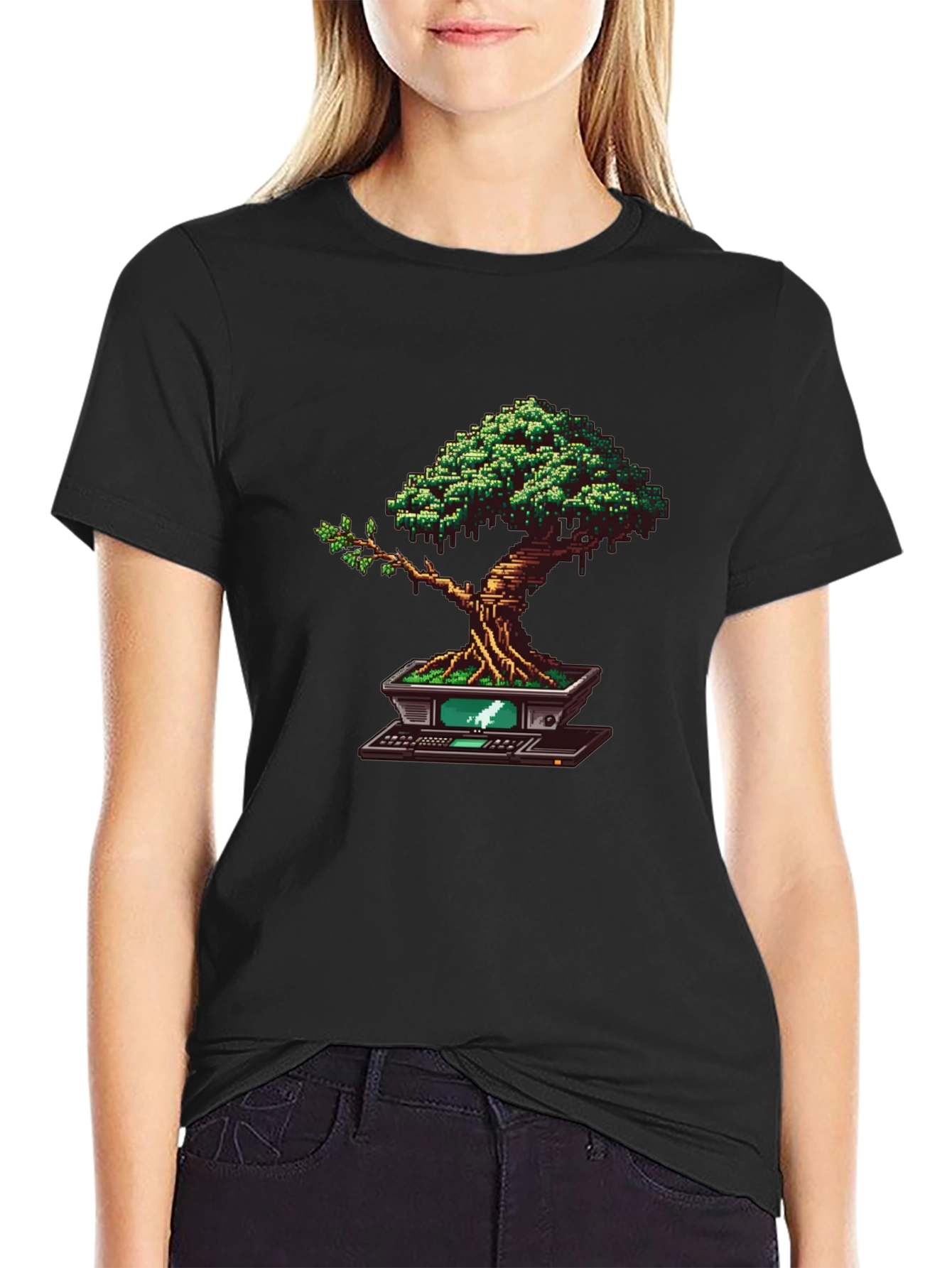 Black Pixel Bonsai Tree T-Shirt view 2