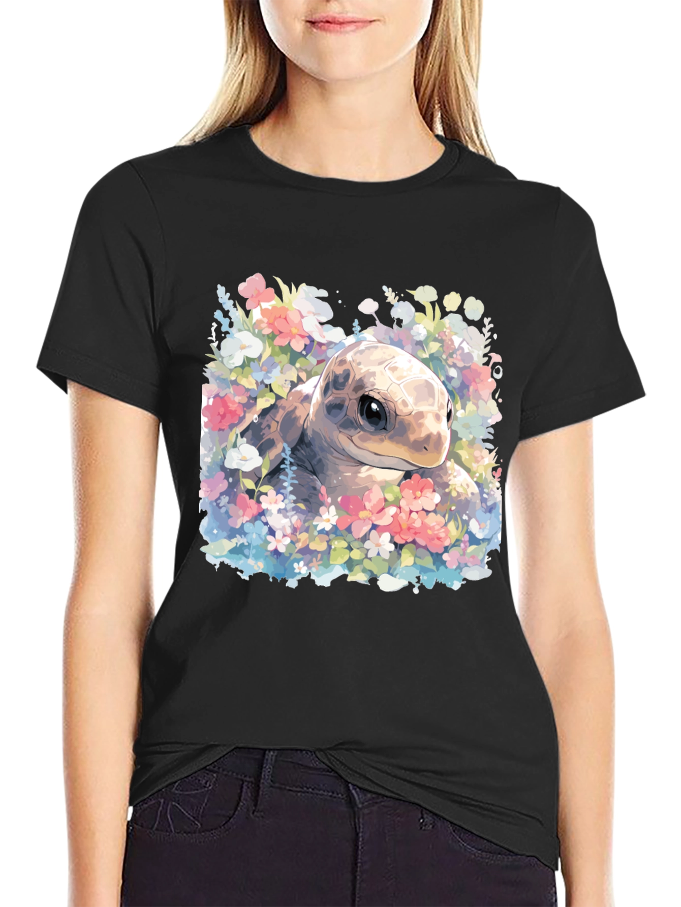 Black Floral Turtle Graphic T-Shirt view 2