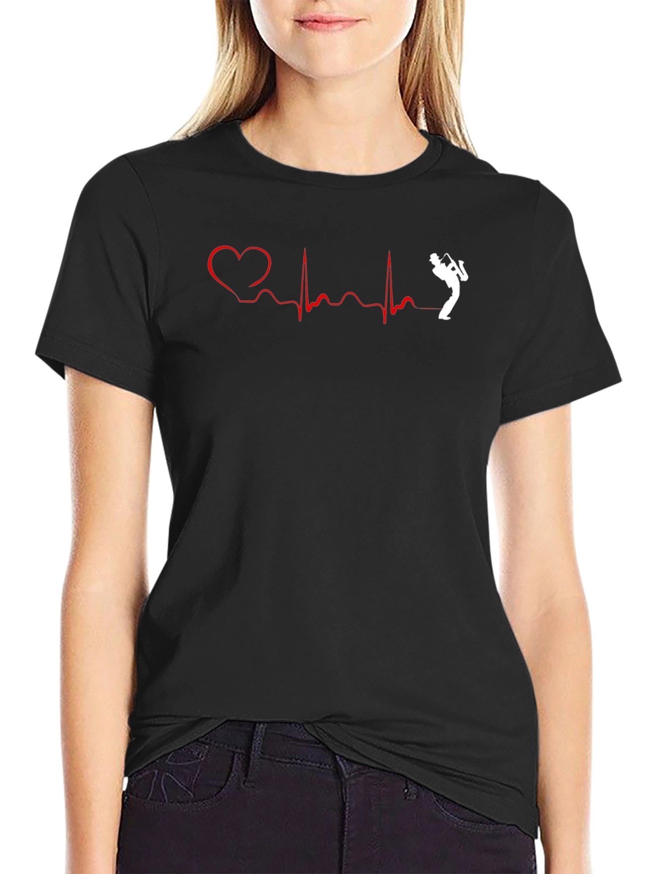 Black Saxophone Heartbeat T-Shirt - Music Lover Tee view 2