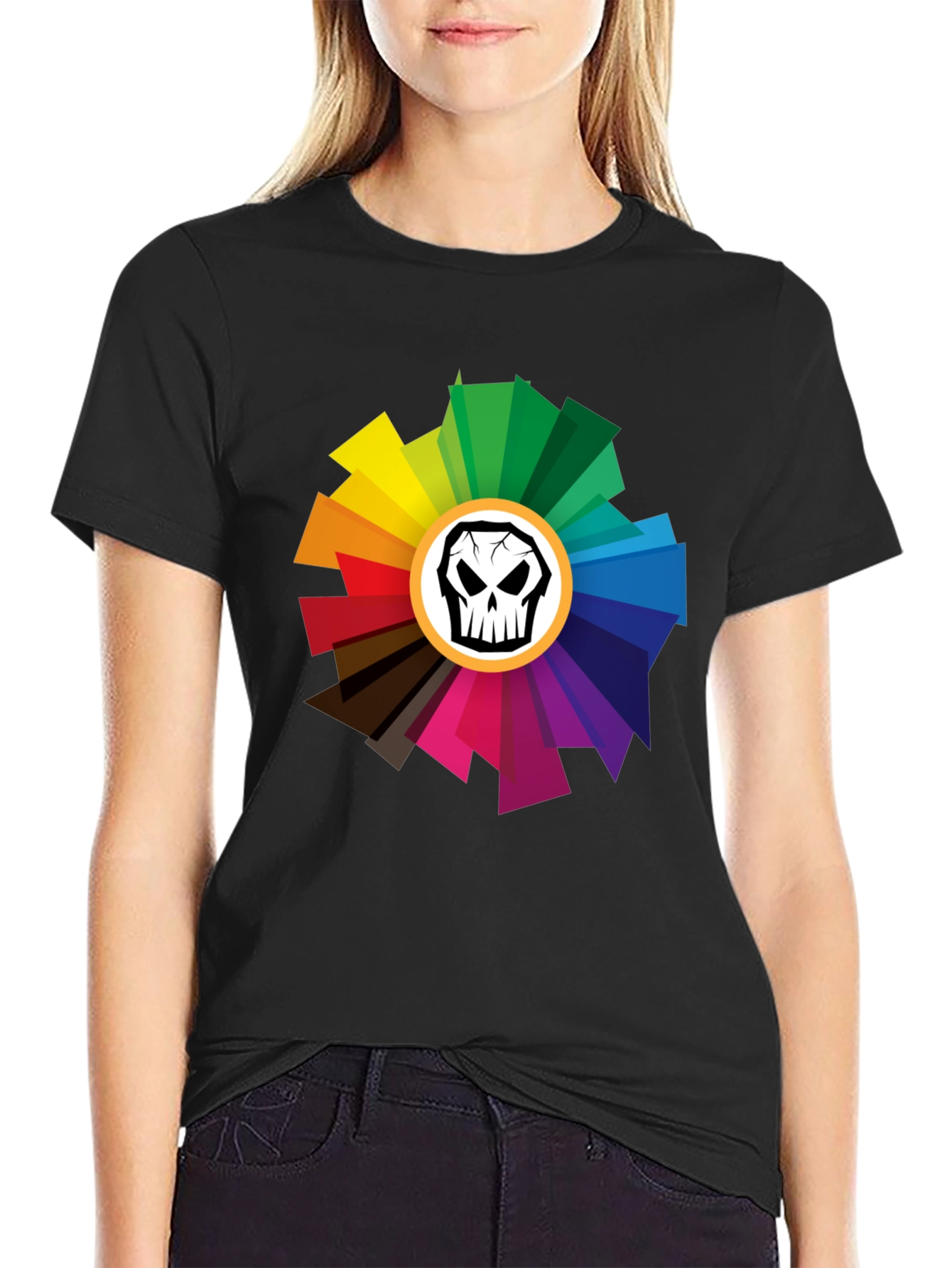 Black Skull Color Wheel Black T-Shirt - Unique Design view 2