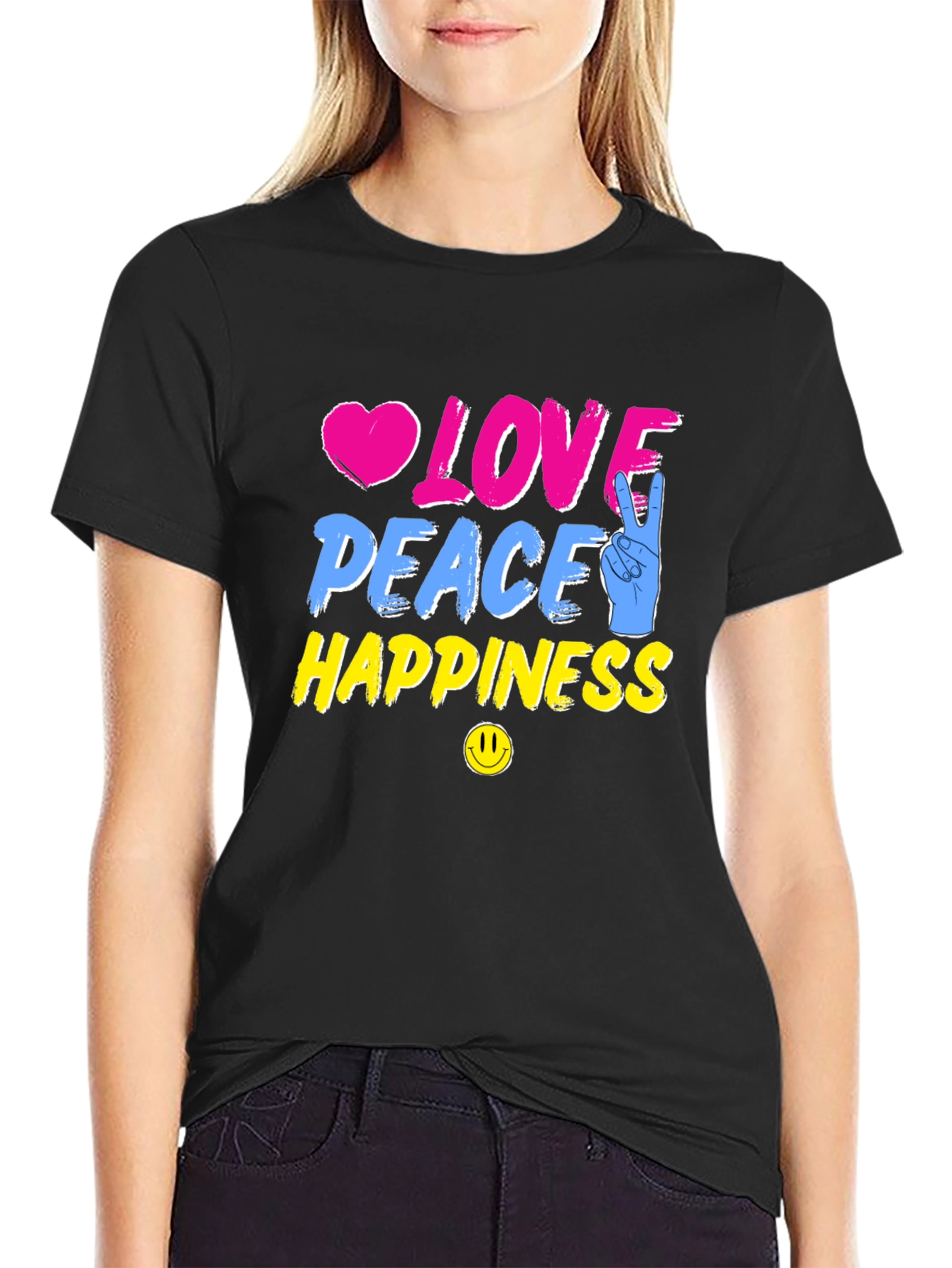 Black Love Peace Happiness Graphic T-Shirt view 2