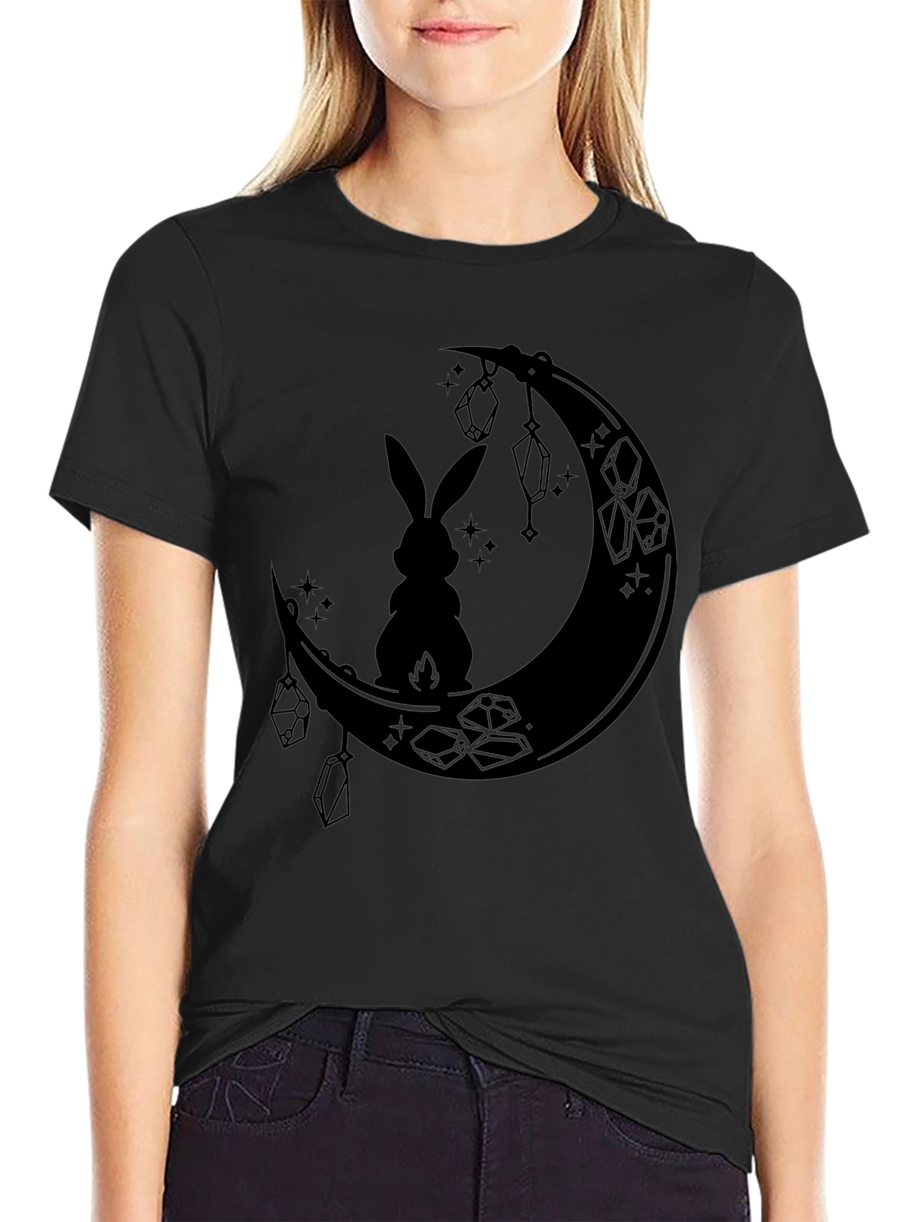 Black Moonlit Hare Graphic Tee - Stylish Black T-Shirt view 2