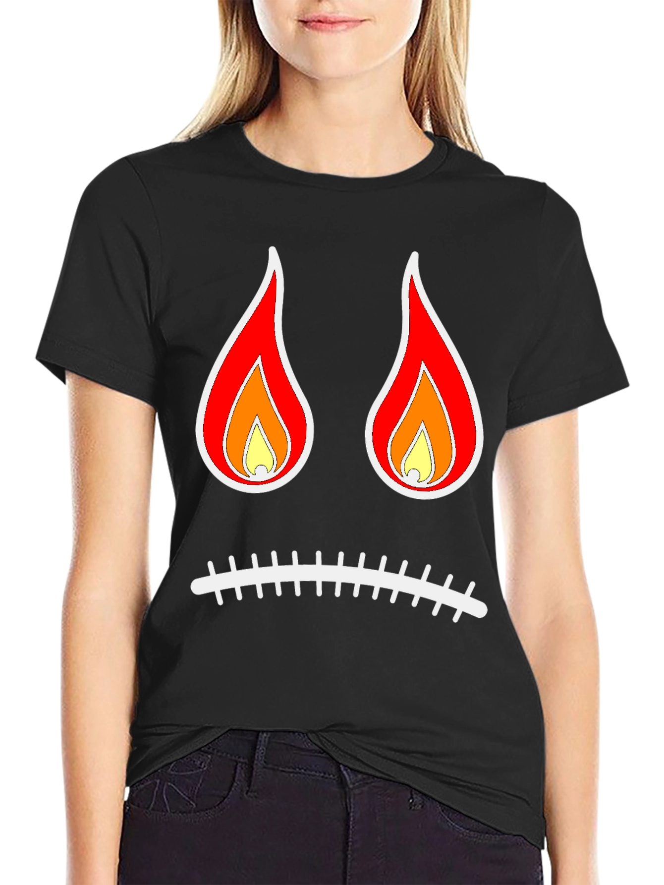 Black Flame Eyes Sad Face Black T-Shirt view 2