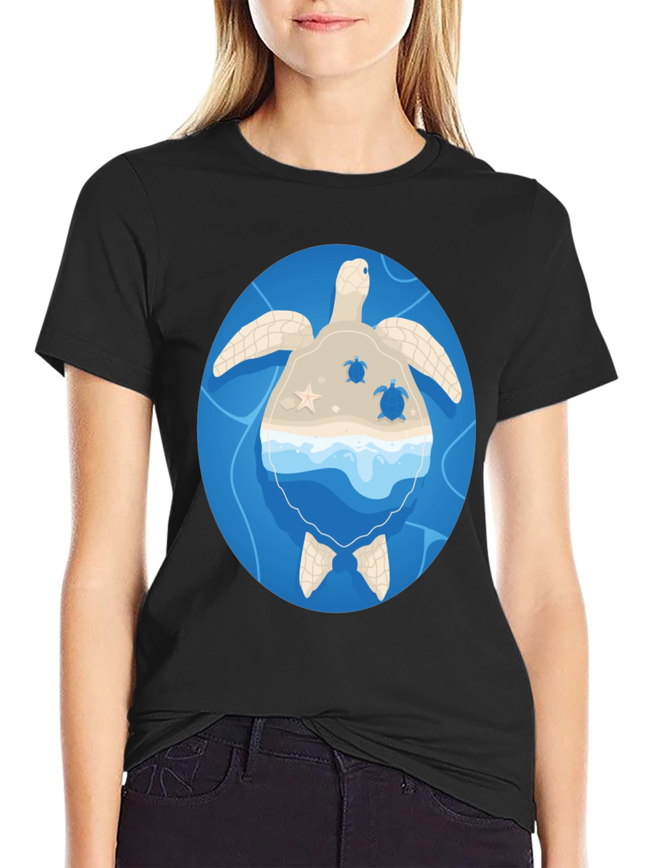 Black Sea Turtle Island Graphic Tee - Black view 2