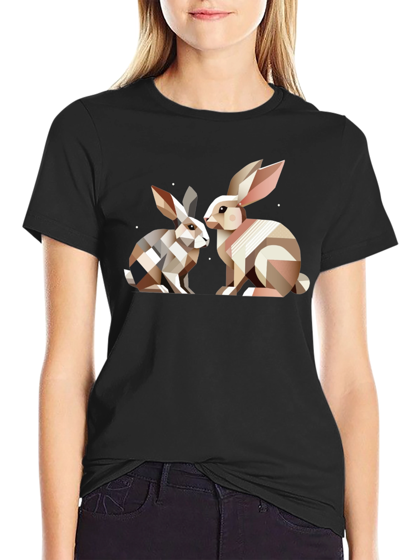 Black Geometric Rabbit T-Shirt - Abstract Bunny Design view 2