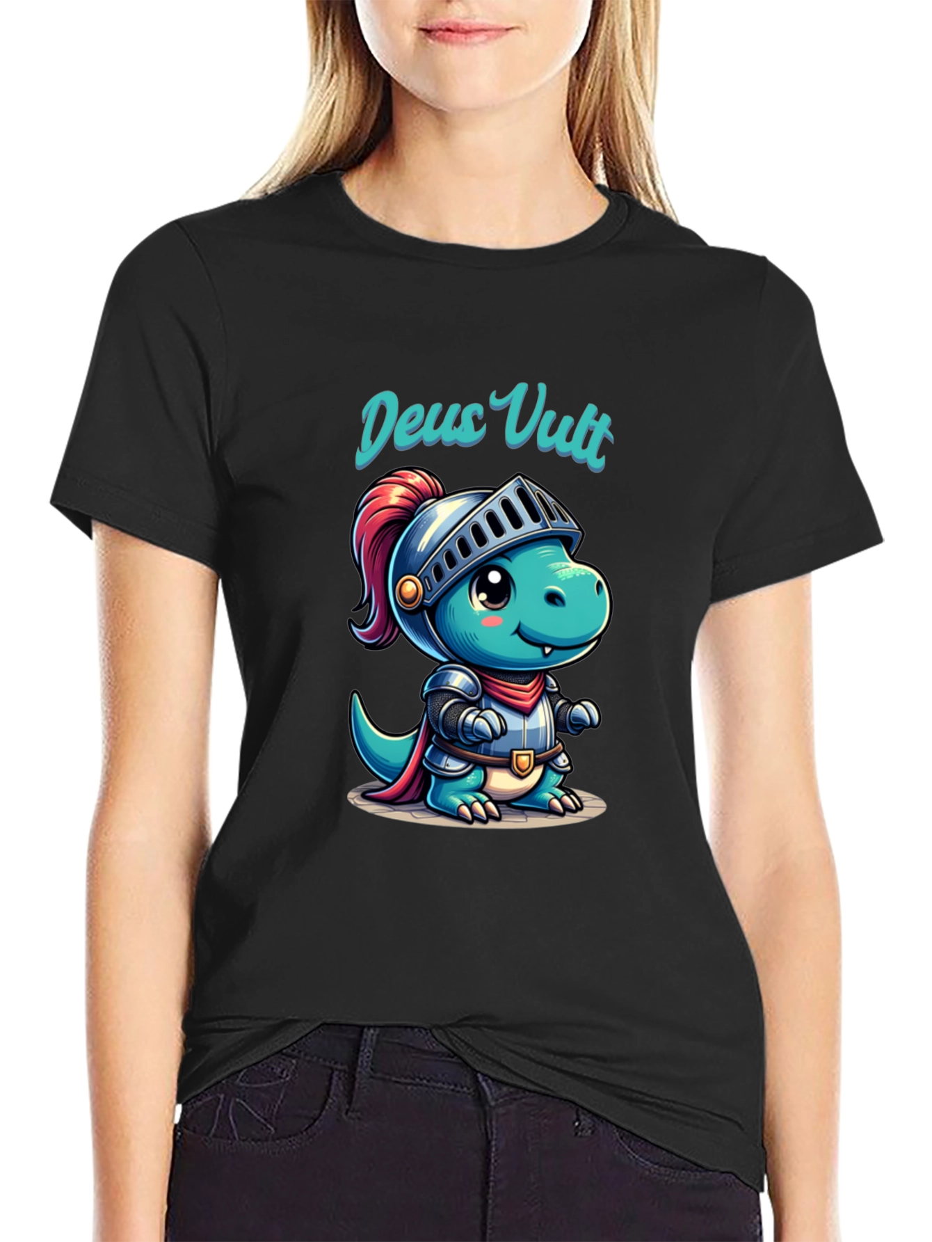 Black Deus Vult Dinosaur Knight Graphic T-Shirt view 2