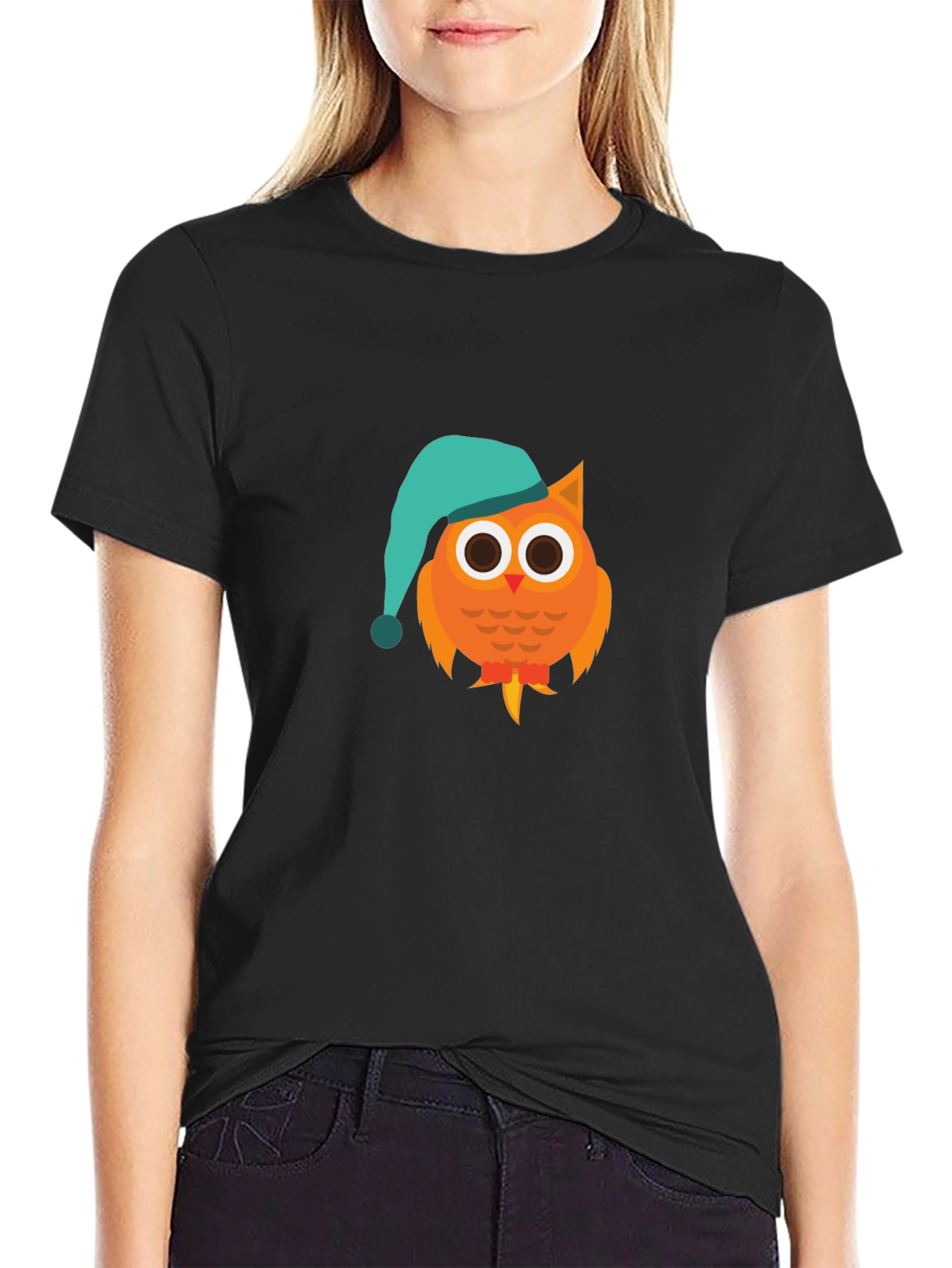 Black Owl Cartoon Graphic T-Shirt - Night Cap Design view 2