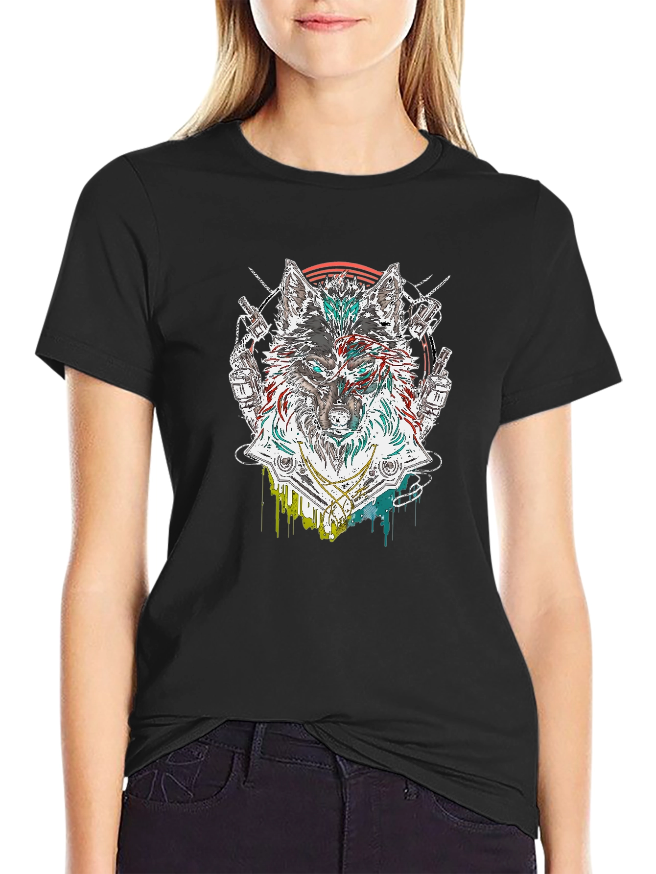 Black Wolf Graphic Print Men's Black T-Shirt view 2