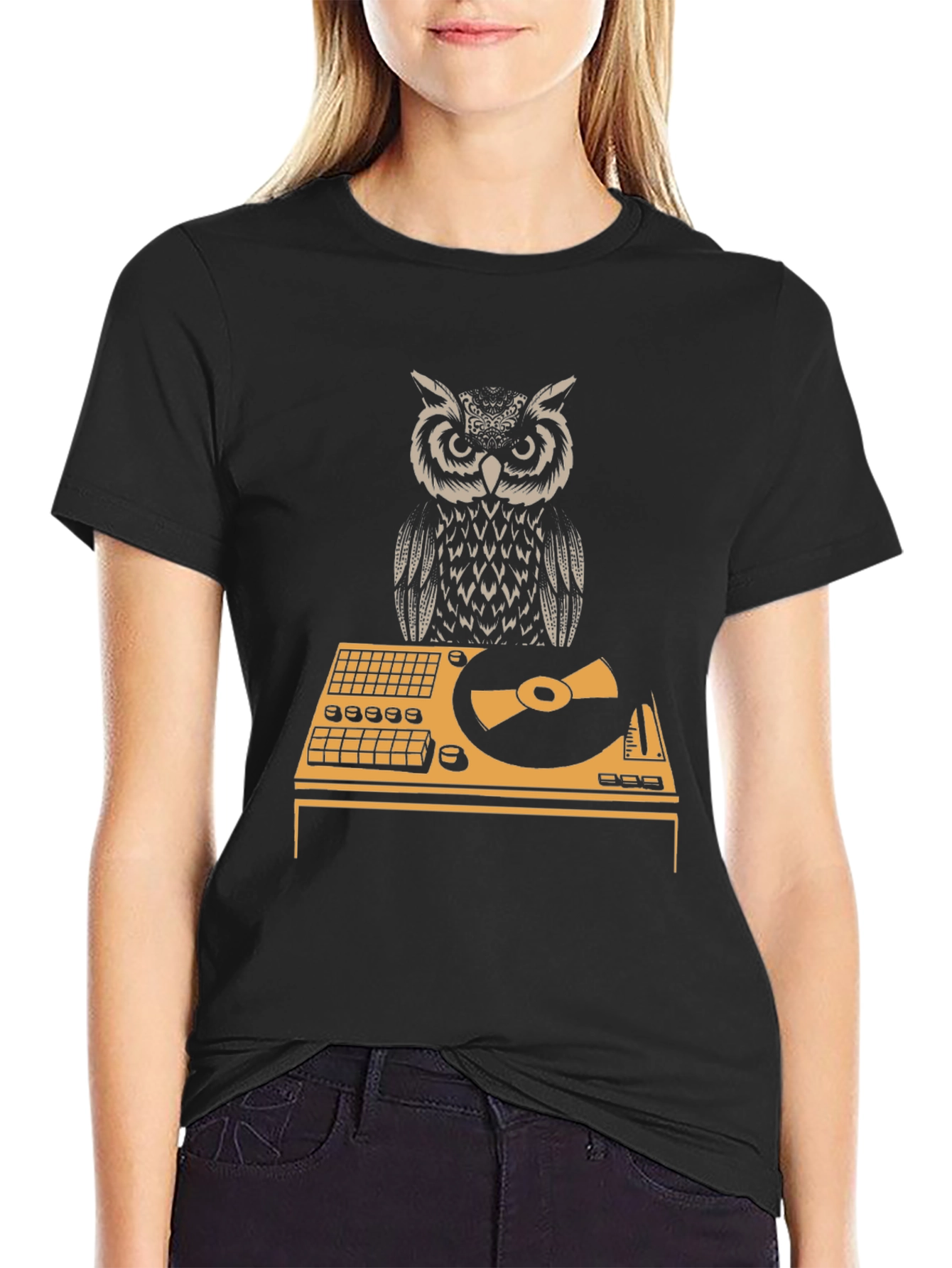 Black DJ Owl Graphic Tee - Black Cotton T-Shirt view 2