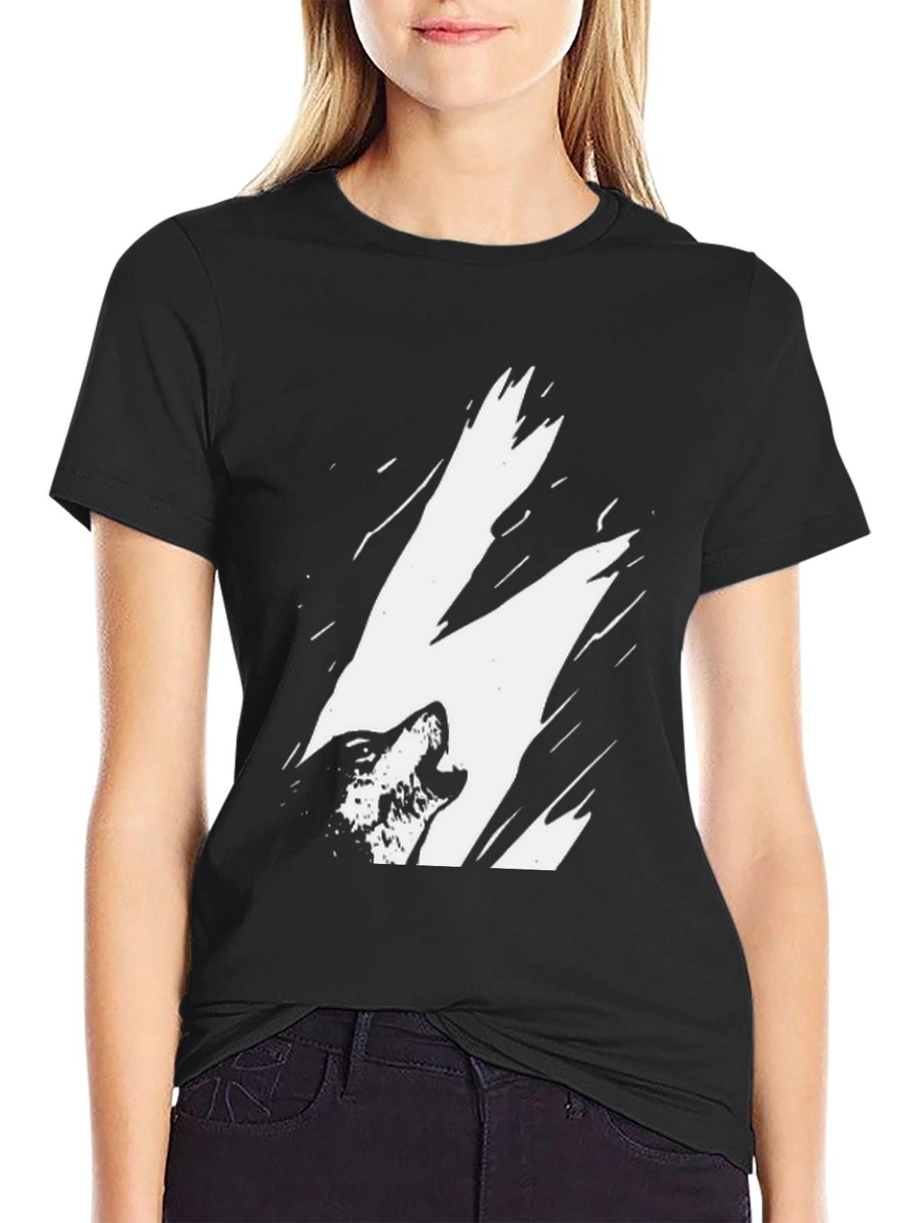Black Howling Wolf Graphic Print Black T-Shirt view 2