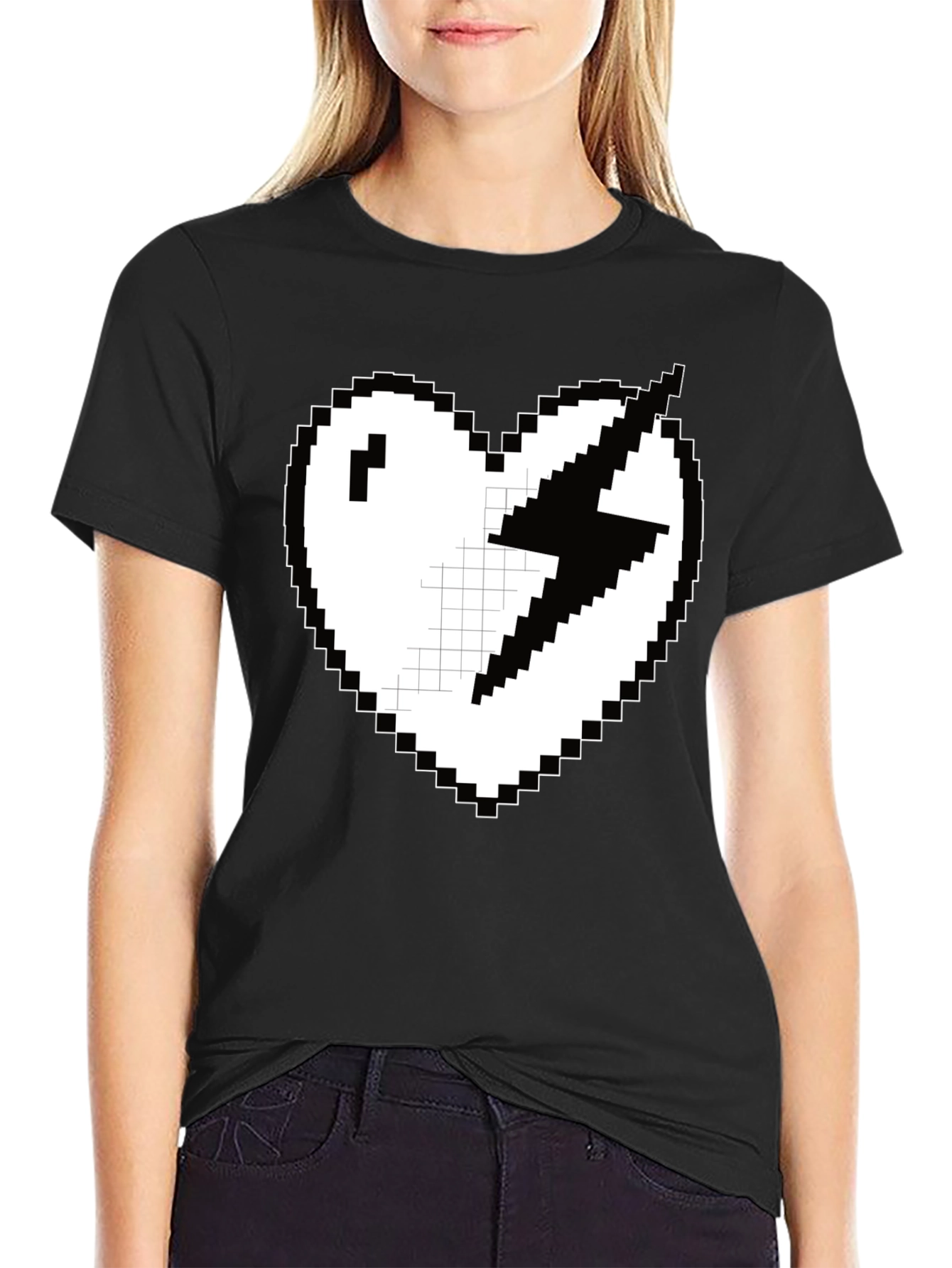 Black Pixel Heart Lightning Bolt Graphic Tee - Black view 2