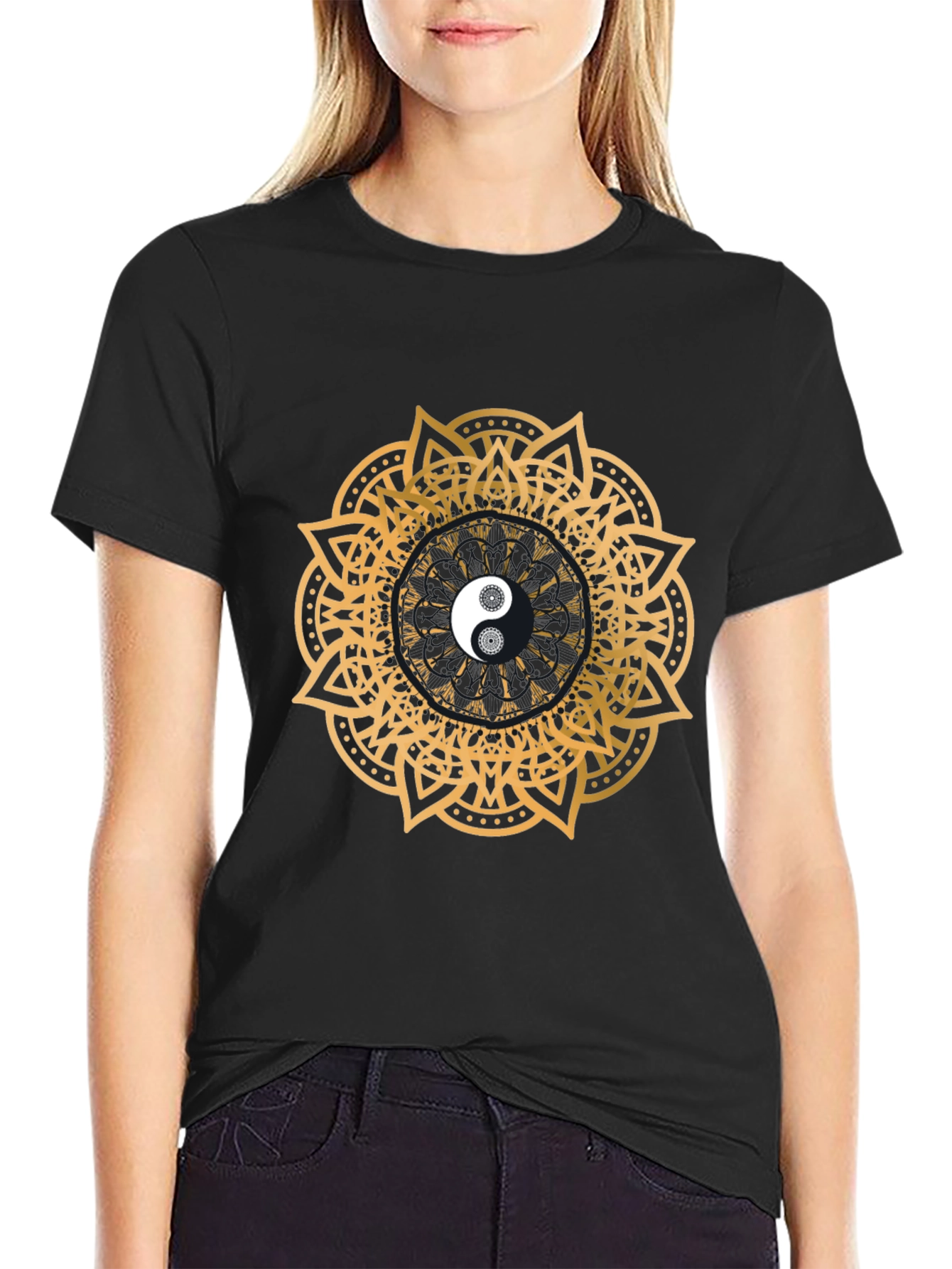 Black Yin Yang Mandala Graphic Black T-Shirt view 2