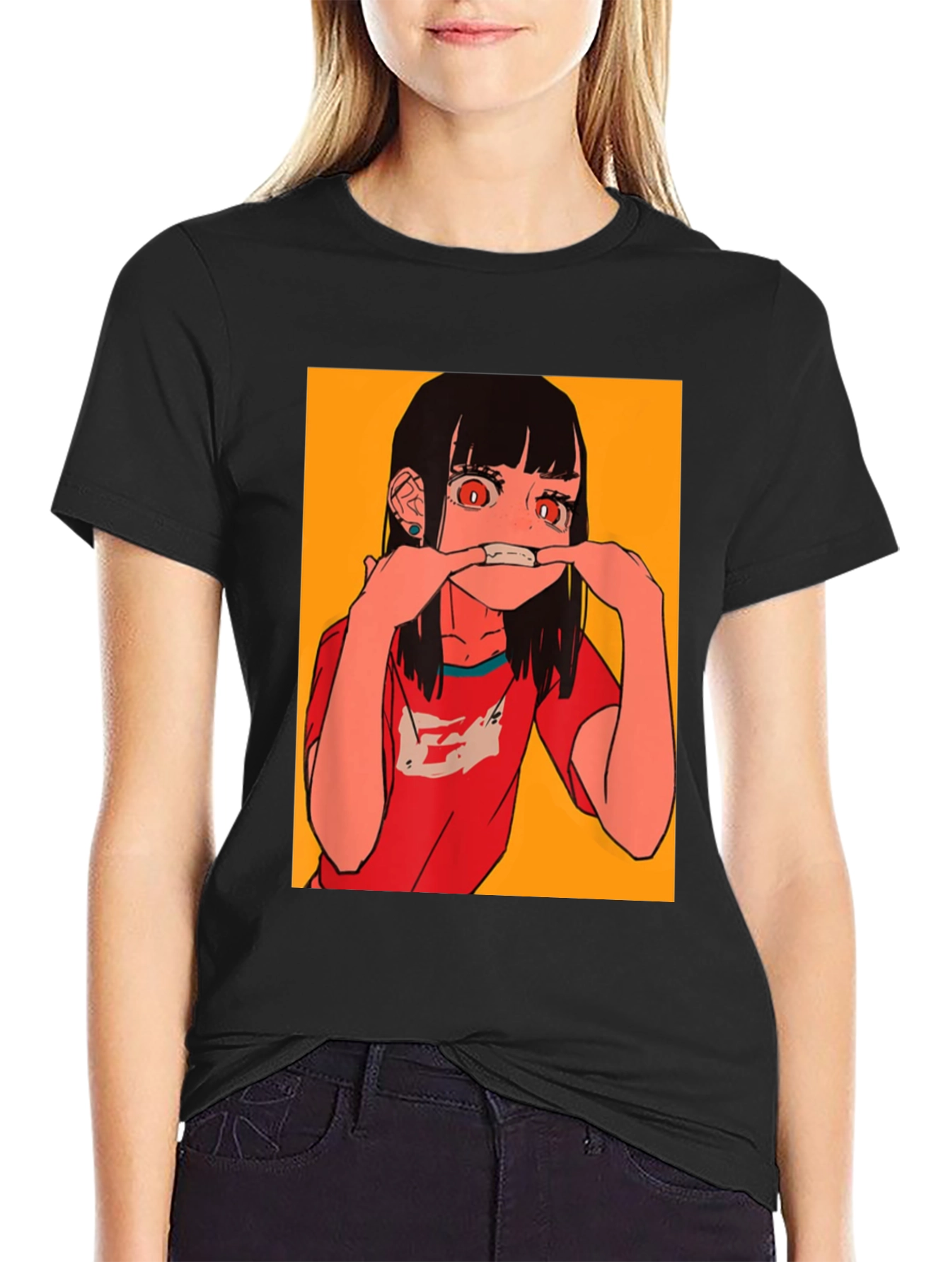 Black Anime Girl Graphic Tee - Black Cotton Blend T-Shirt view 2