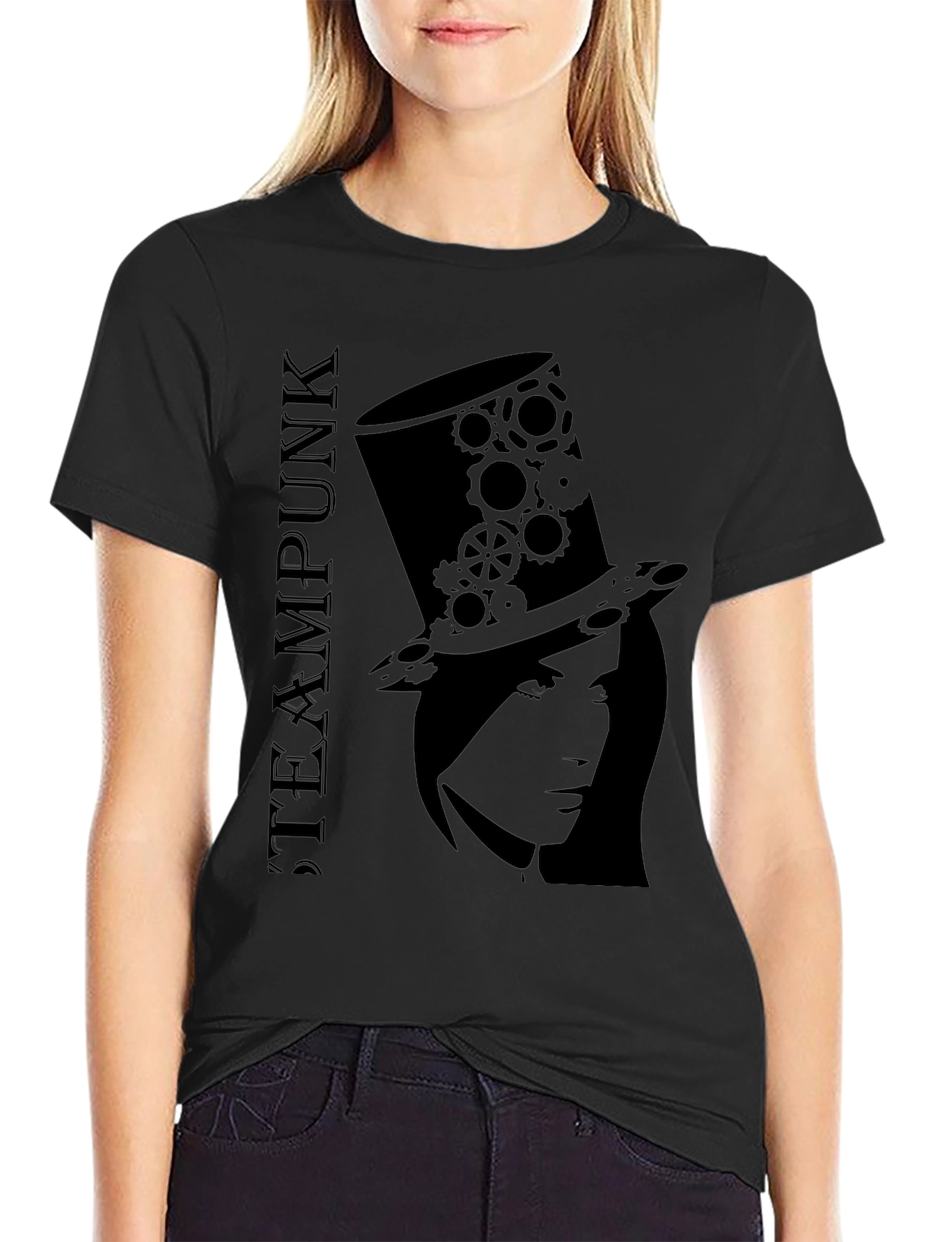 Black Steampunk Top Hat Woman Black T-Shirt view 2