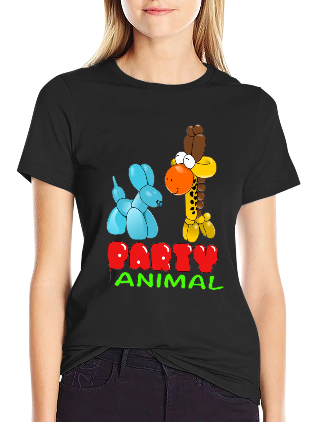 Black Party Animal T-Shirt with Balloon Giraffe and Dog Design view 2