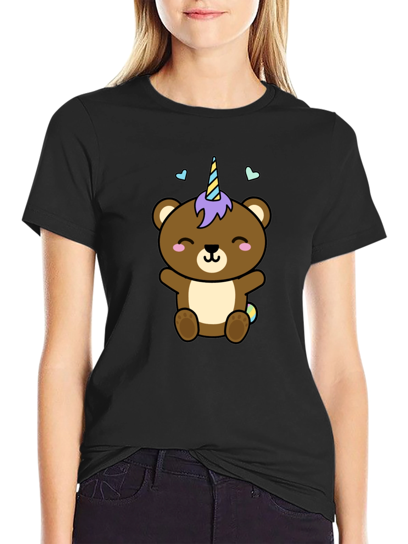 Black Cute Unicorn Bear Black T-Shirt view 2