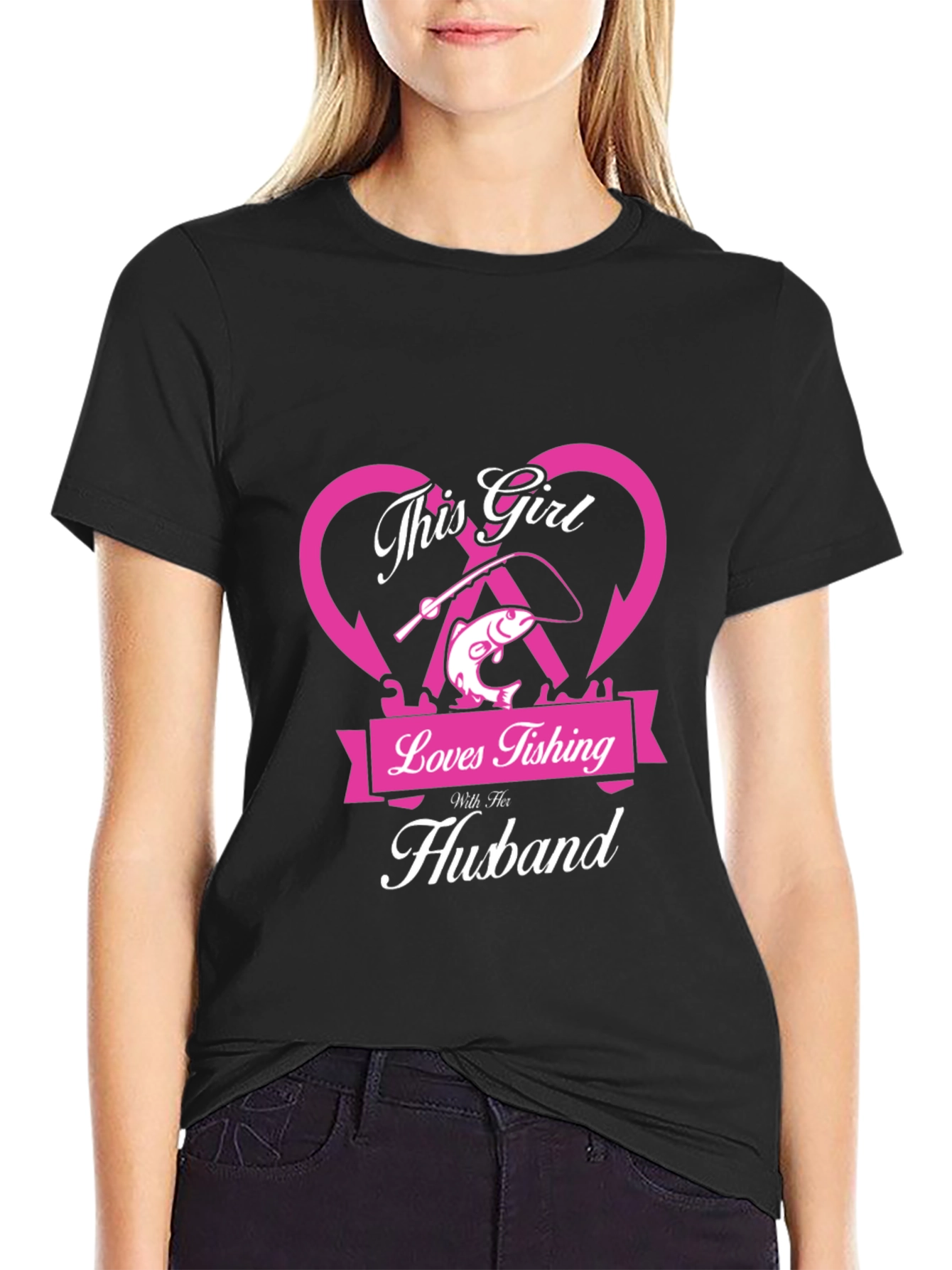 Black Fishing Girl T-Shirt - Loves Fishing With Her Husband view 2