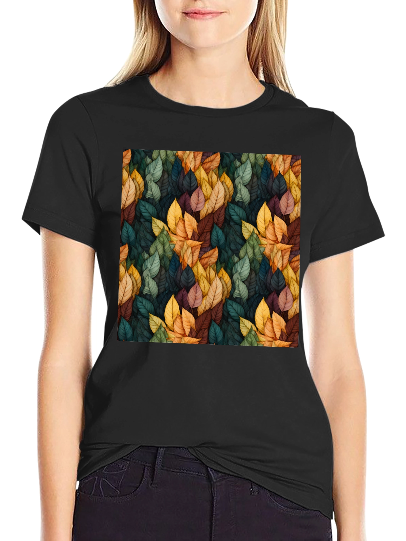 Black Autumn Leaf Pattern Black T-Shirt view 2
