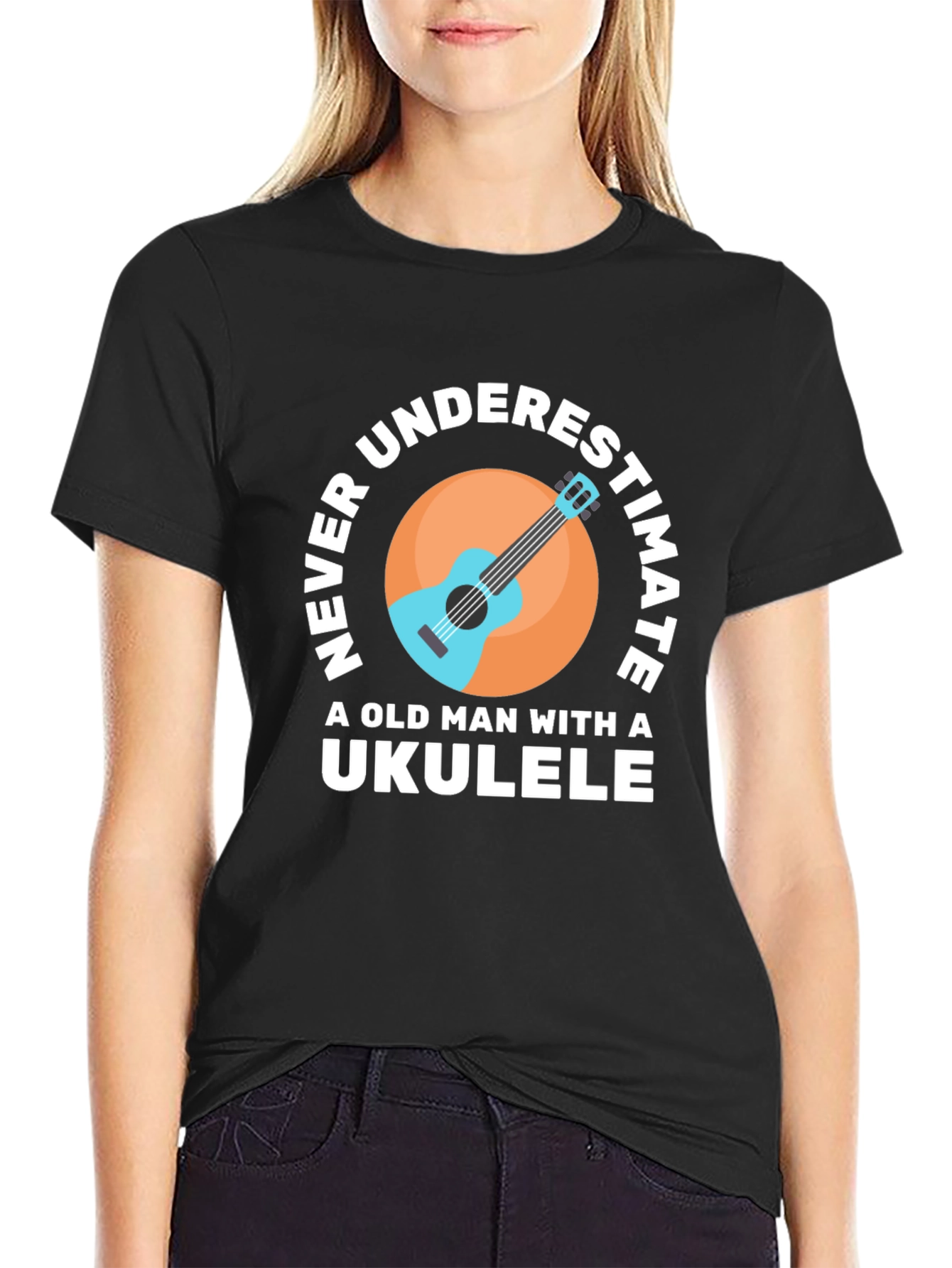 Black Never Underestimate Ukulele T-Shirt view 2