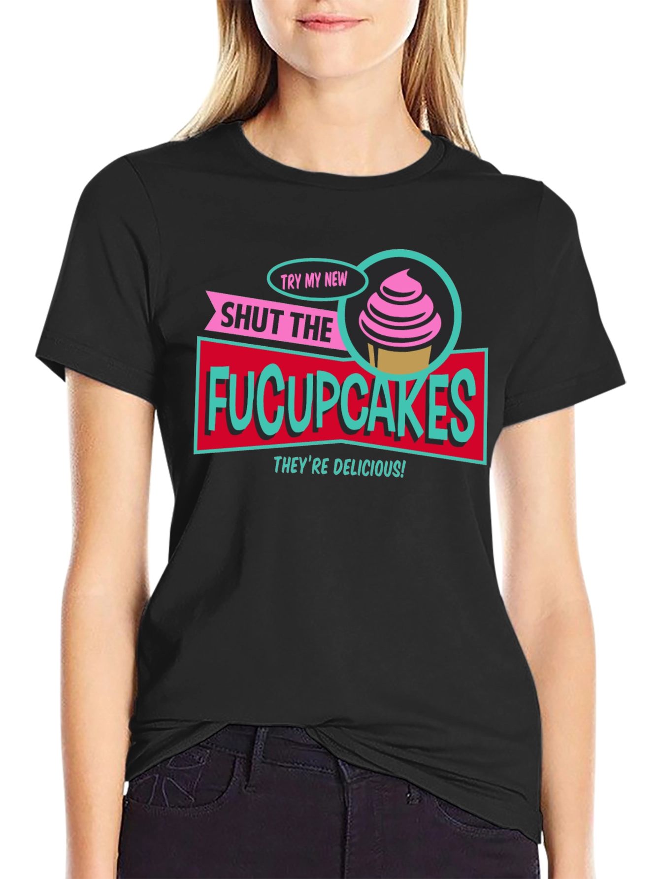 Black Shut The Fucupcakes Funny Graphic T-Shirt view 2