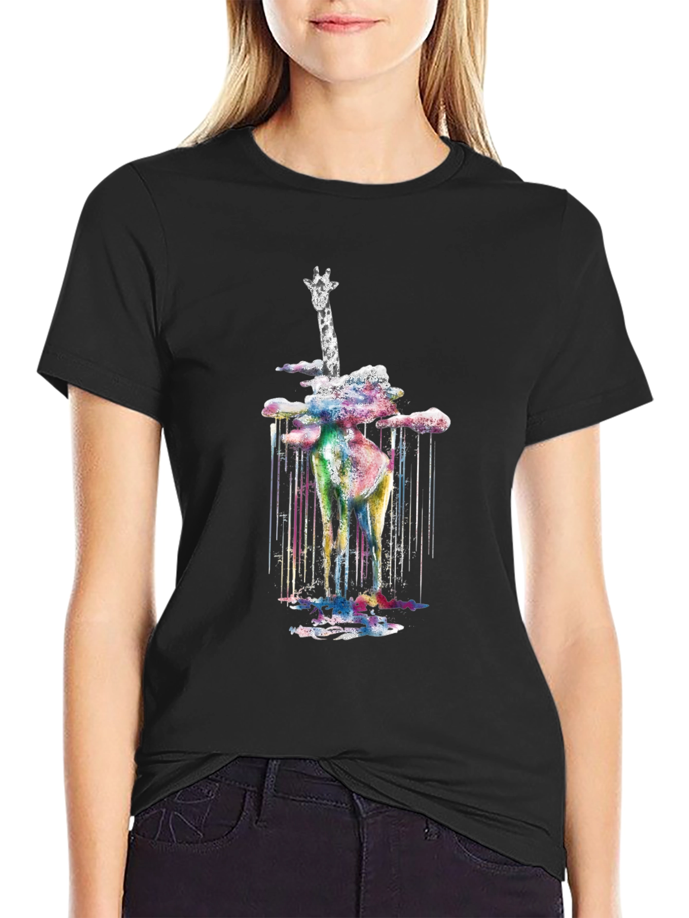 Black Watercolor Giraffe Men's Black T-Shirt view 2