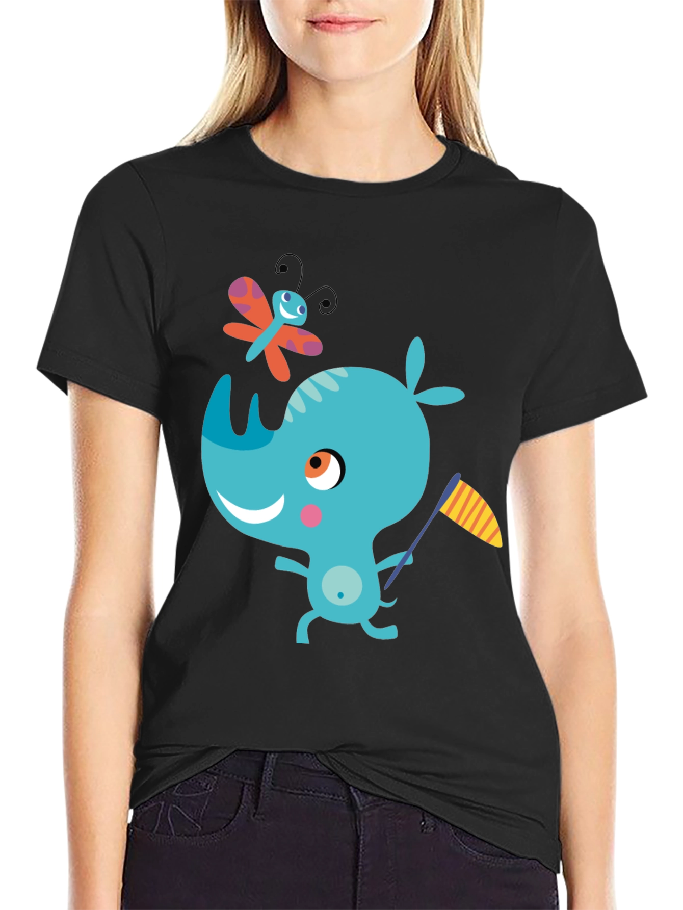 Black Cartoon Rhino Black T-Shirt view 2