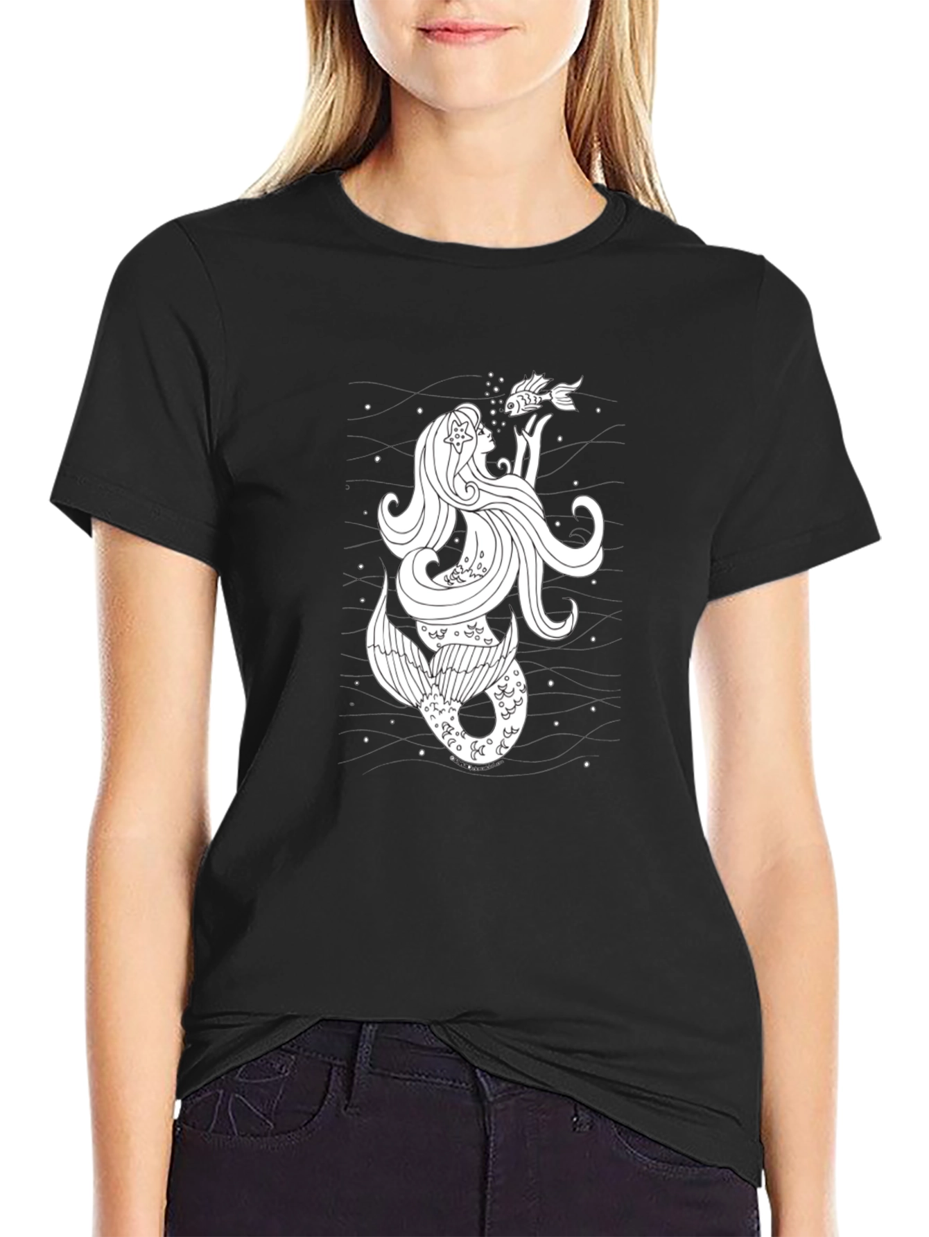 Black Mermaid & Fish Graphic T-Shirt - Black Cotton Tee view 2