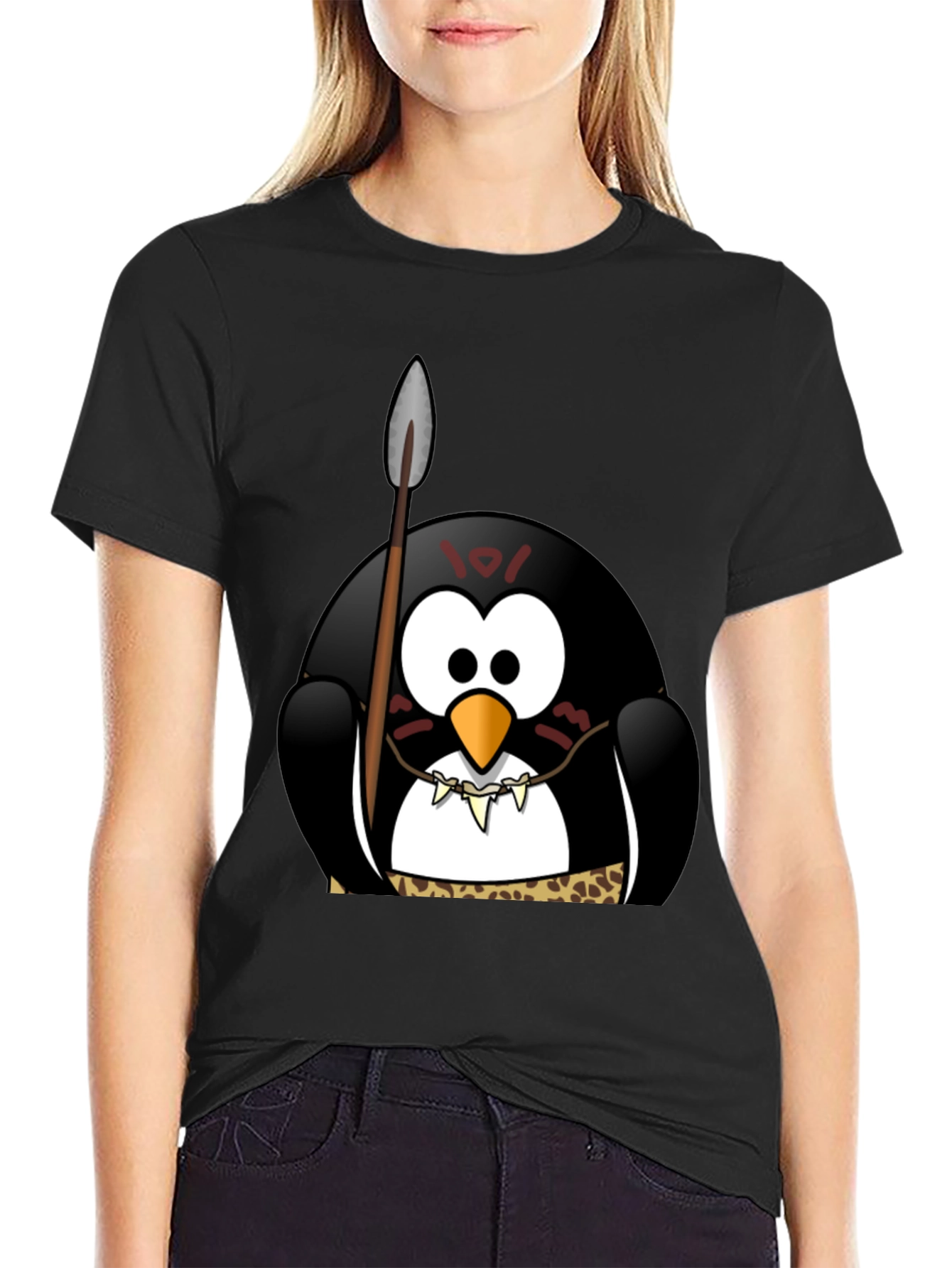 Black Tribal Penguin Graphic T-Shirt - Black Cotton Tee view 2