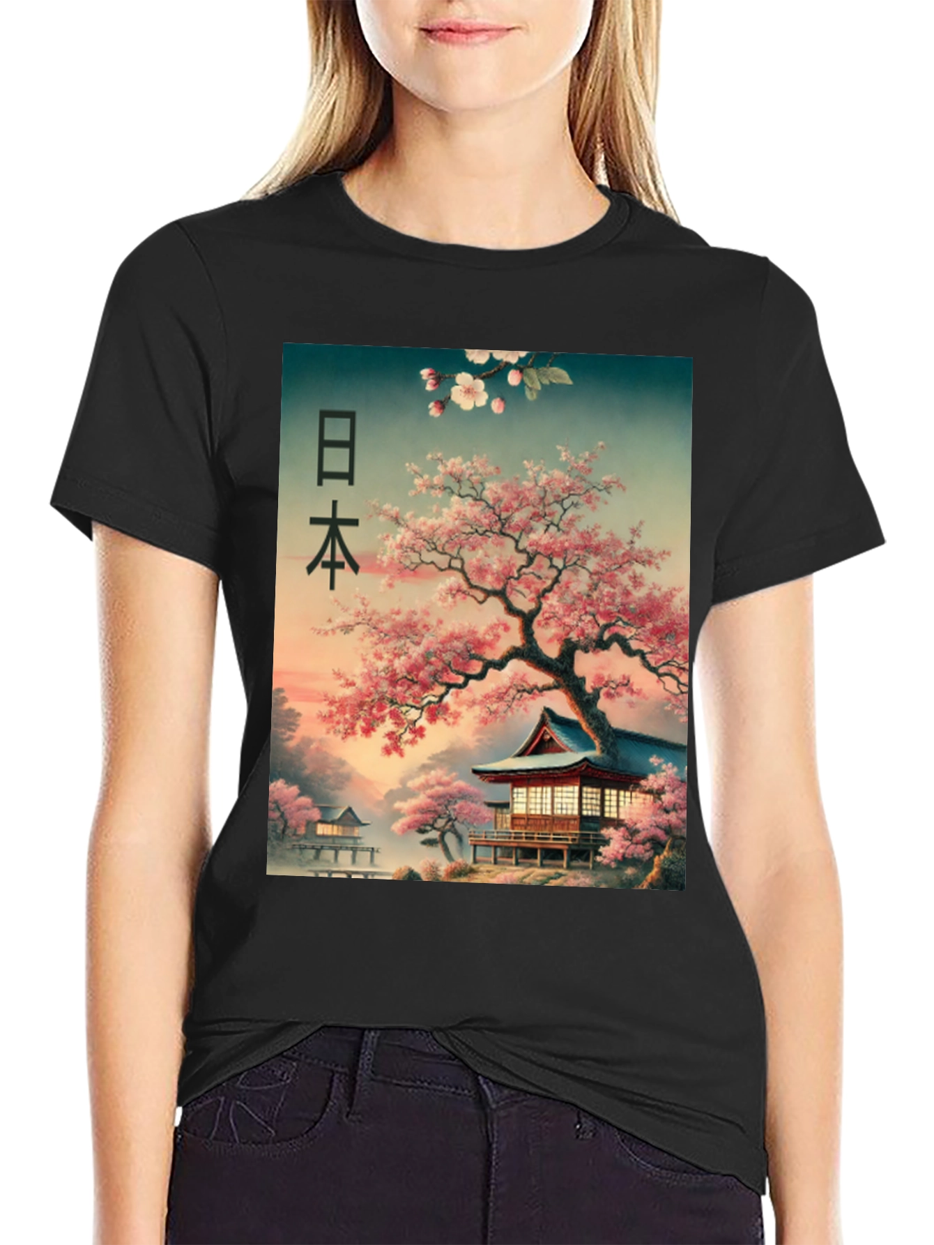 Black Japanese Cherry Blossom T-Shirt view 2