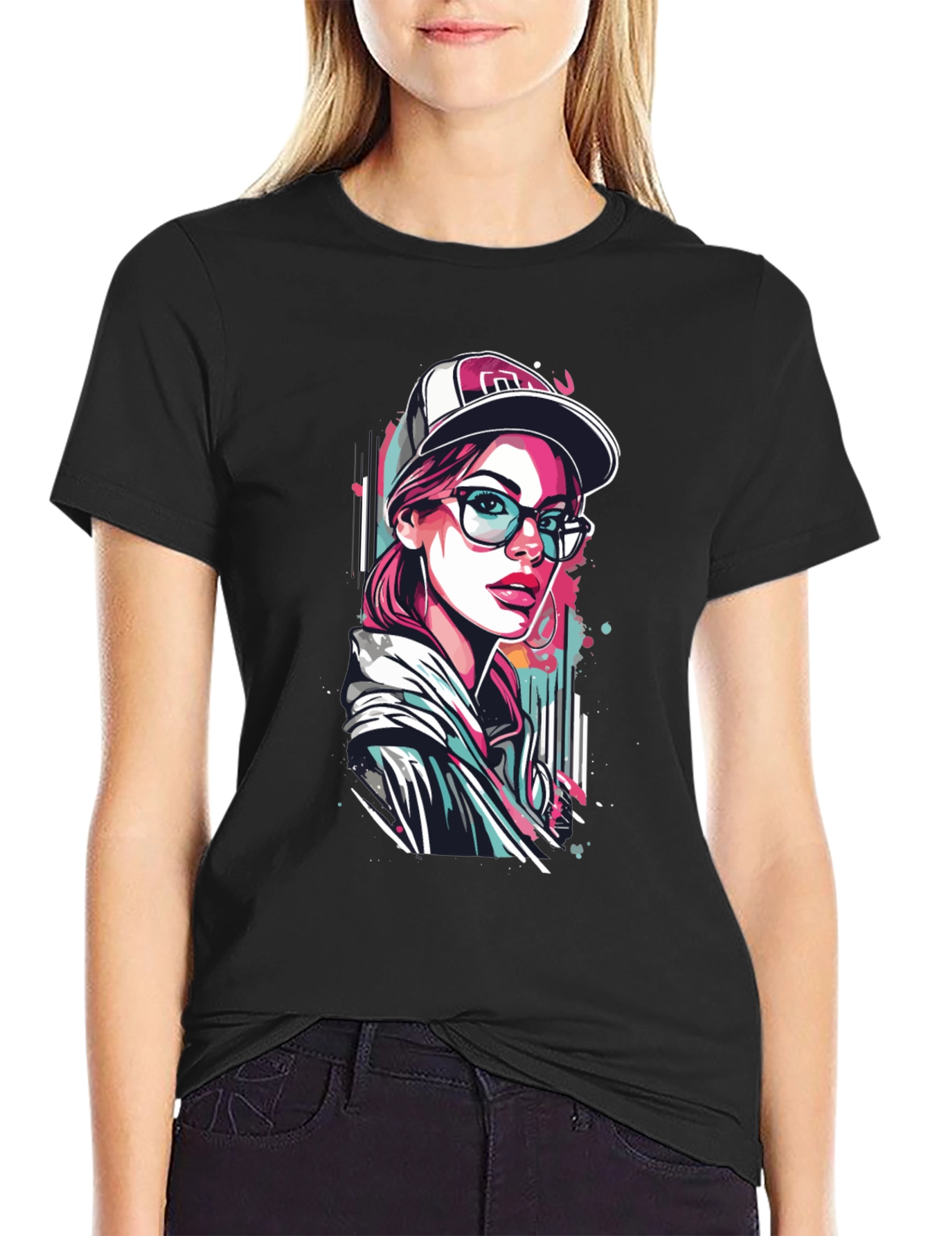 Black Stylish Woman Graphic Print Black T-Shirt view 2
