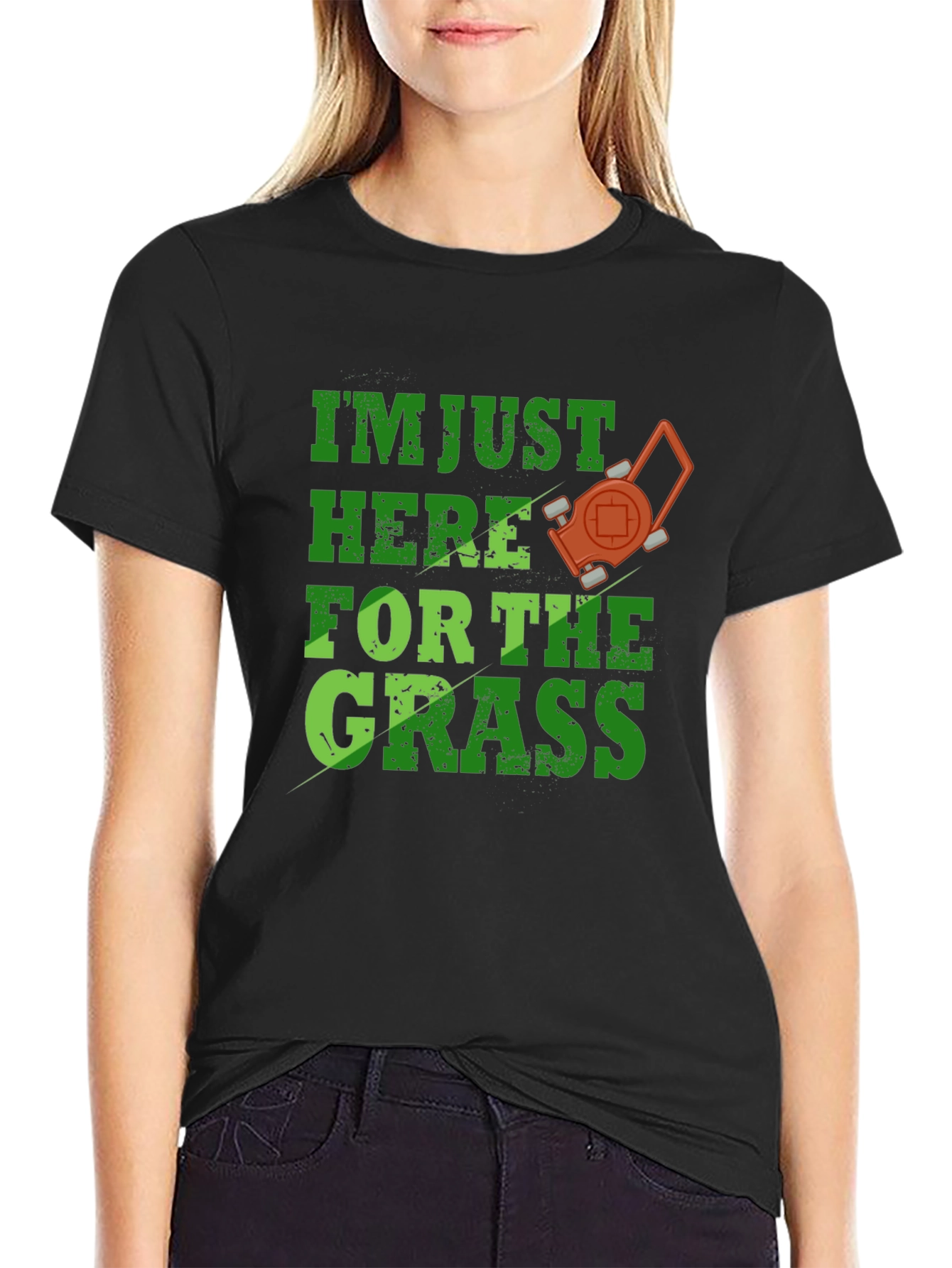 Black Funny Lawn Care T-Shirt - "Here for the Grass" view 2