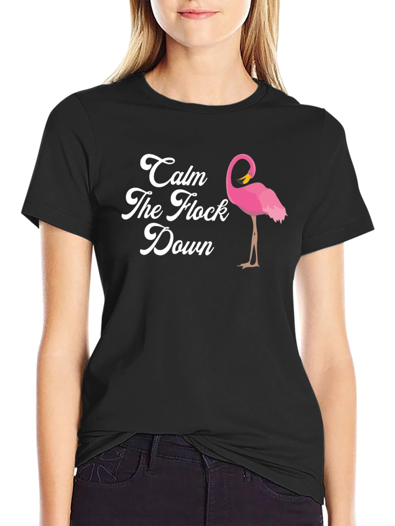 Black Calm The Flock Down T-Shirt, Funny Flamingo Tee view 2