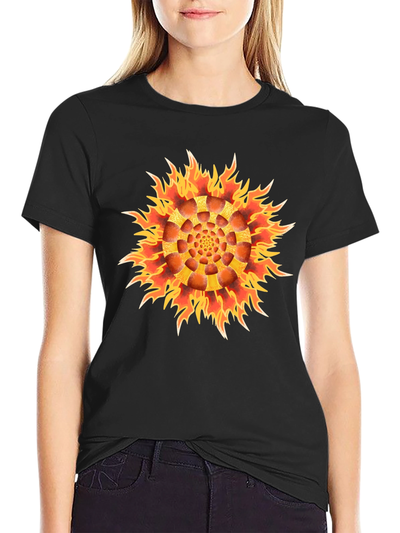 Black Fiery Flower Graphic Black T-Shirt view 2