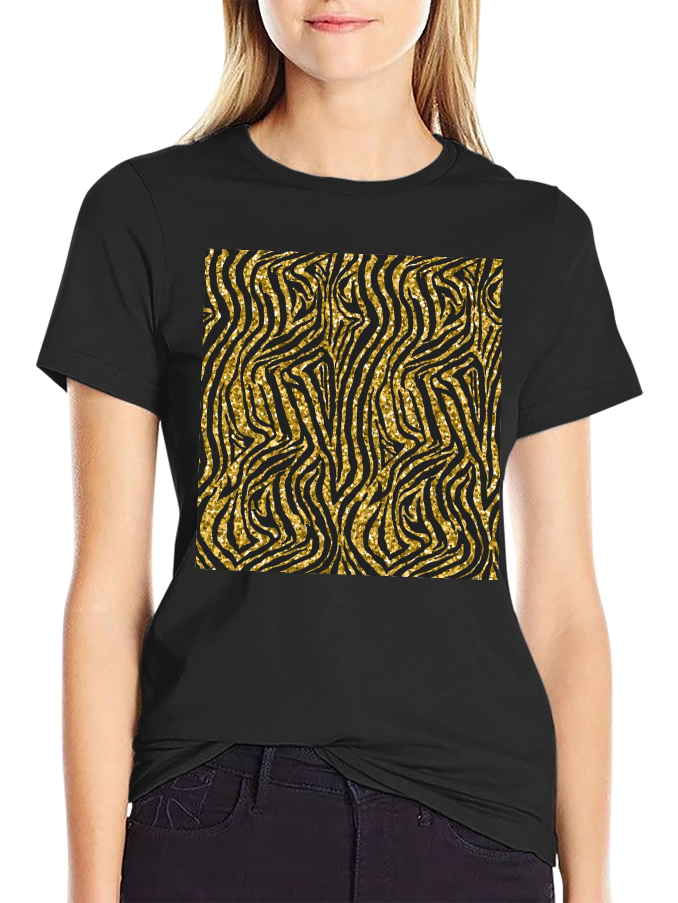 Black Gold Zebra Print Black T-Shirt view 2