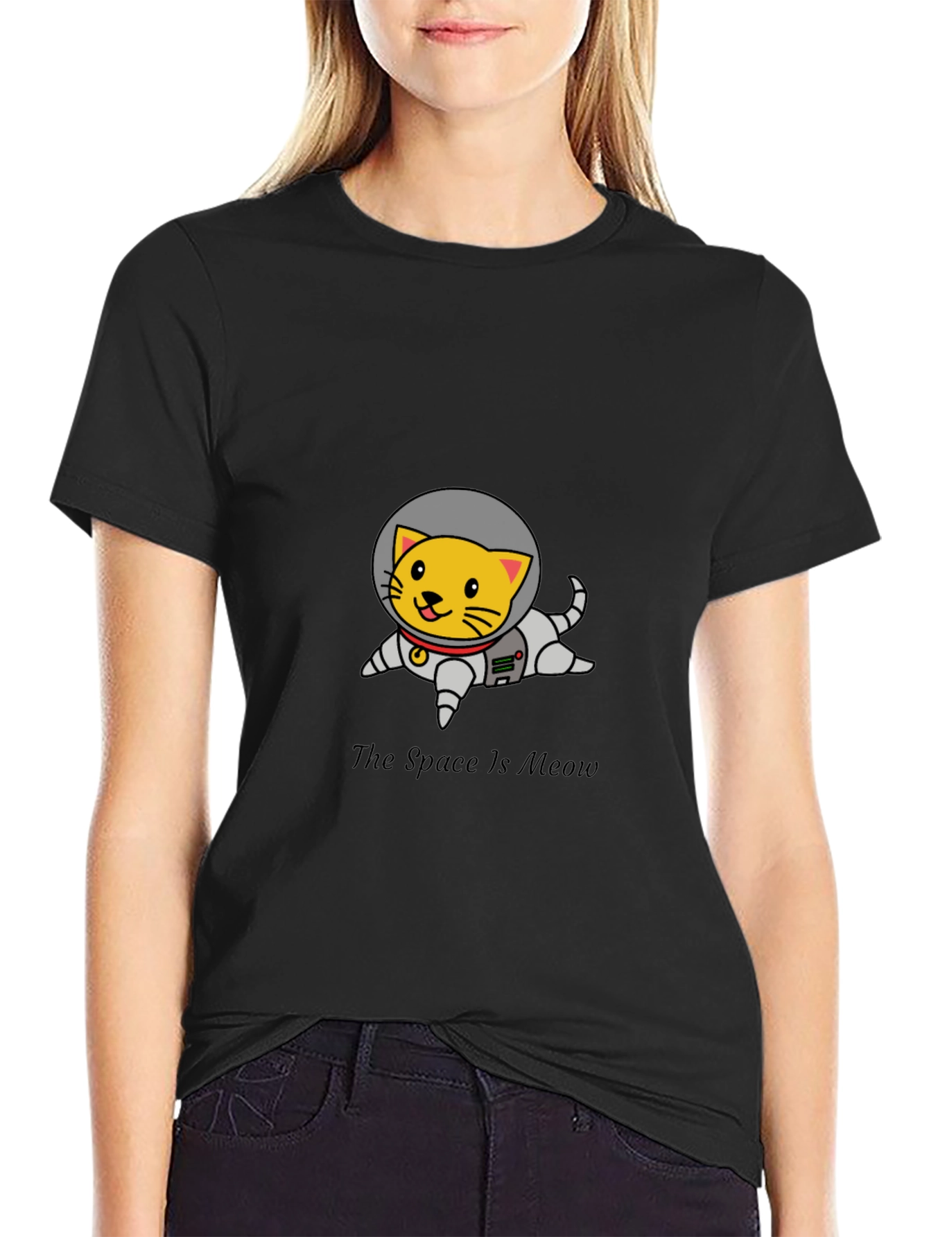 Black Space Cat T-Shirt - Meow in Space view 2