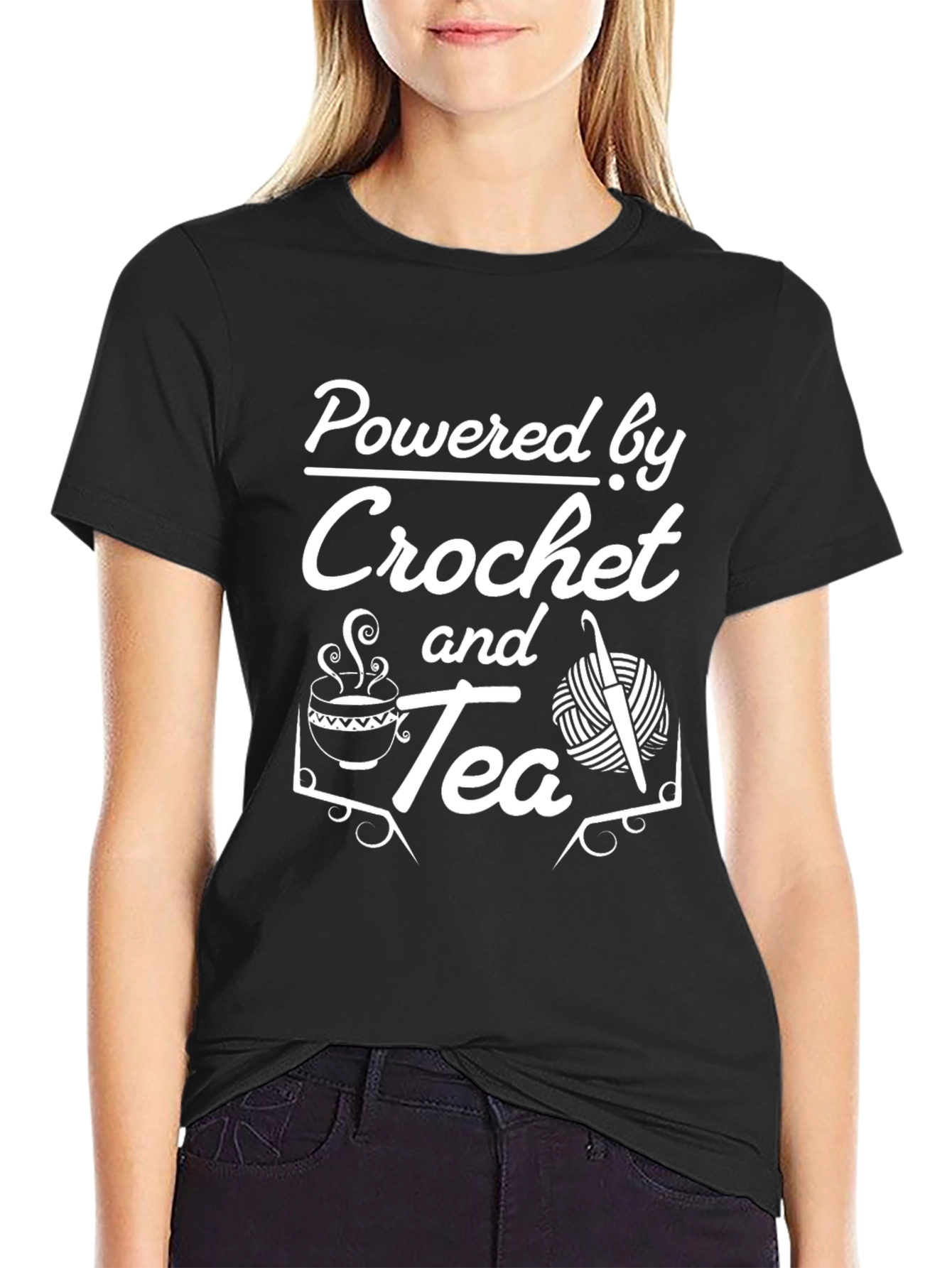 Black Crochet and Tea T-Shirt - Powered By Yarn Hobby Tee view 2
