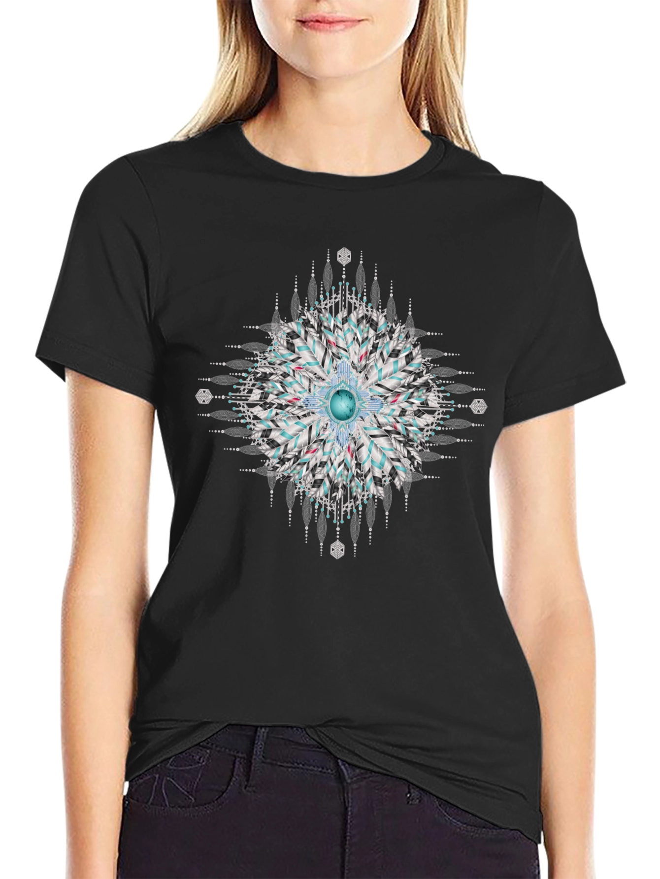 Black Geometric Mandala Print Black T-Shirt view 2