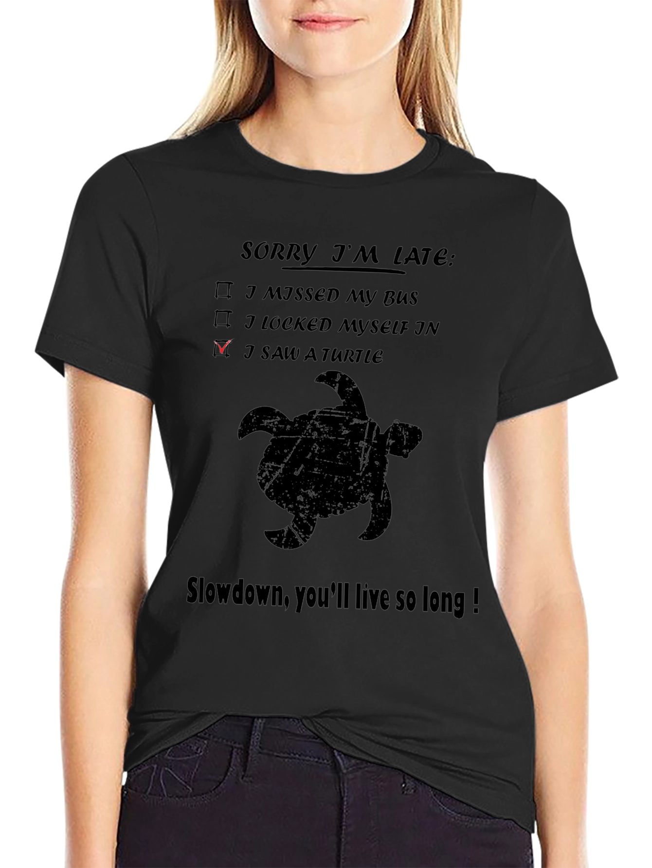 Black Sorry I'm Late Turtle Graphic T-Shirt view 2