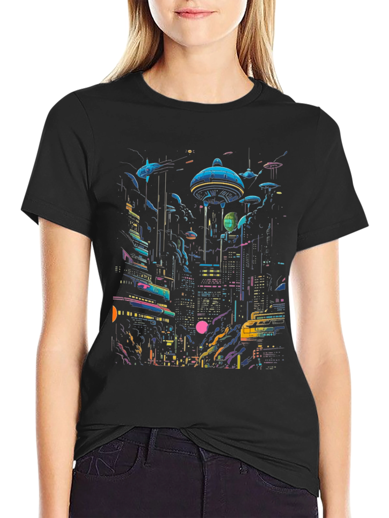 Black Neon Cityscape Graphic Tee - Retro Future Design view 2