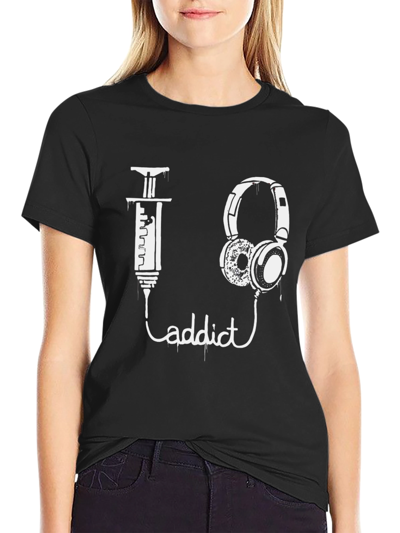 Black Music Addict Graphic T-Shirt - Black Cotton Tee view 2