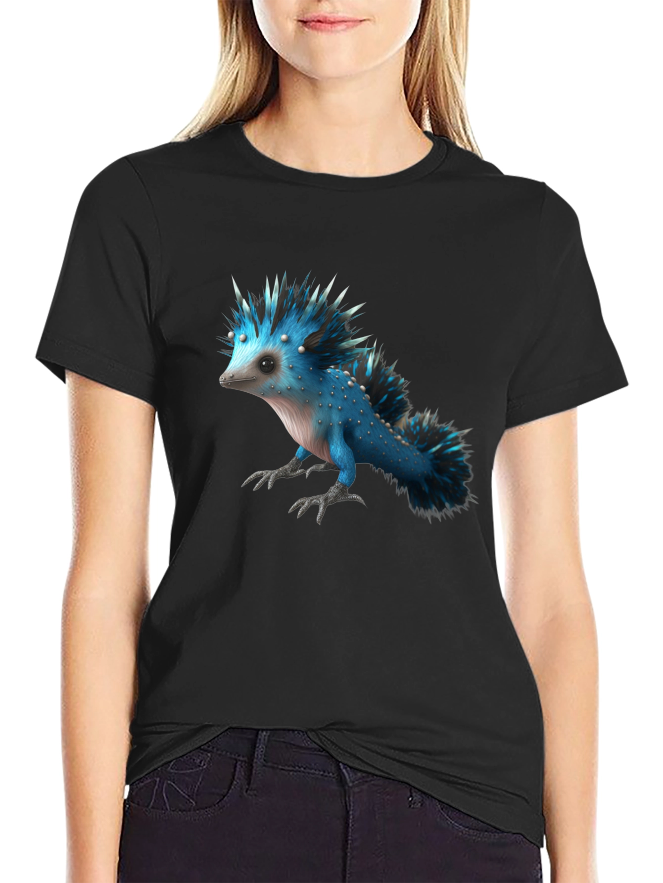 Black Men's Black T-Shirt with Blue Creature Graphic view 2