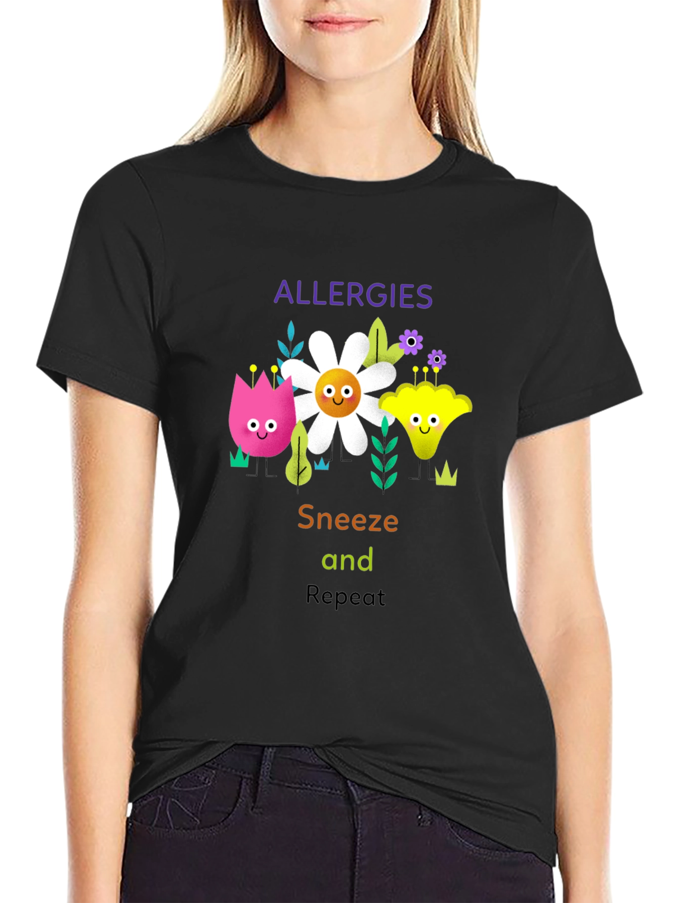 Black Allergies Sneeze Repeat Graphic T-Shirt view 2