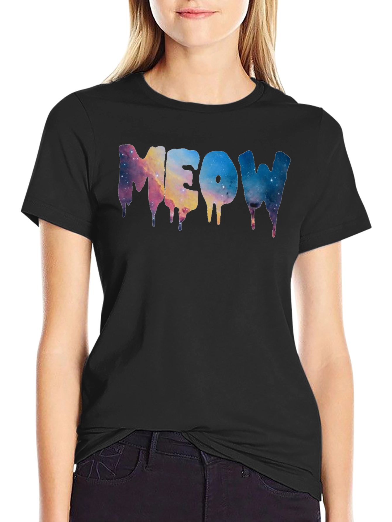 Black Meow Galaxy Drip Black T-Shirt view 2