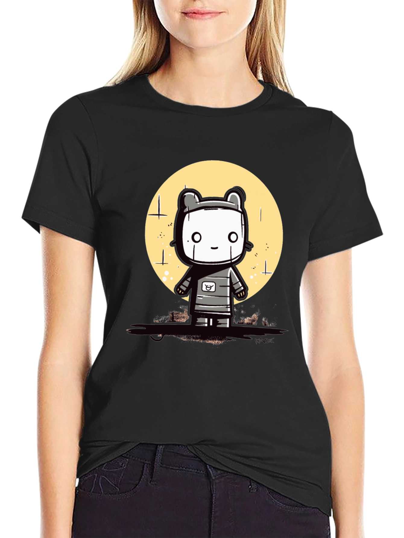 Black Cute Robot Graphic Tee - Black Cotton Blend view 2