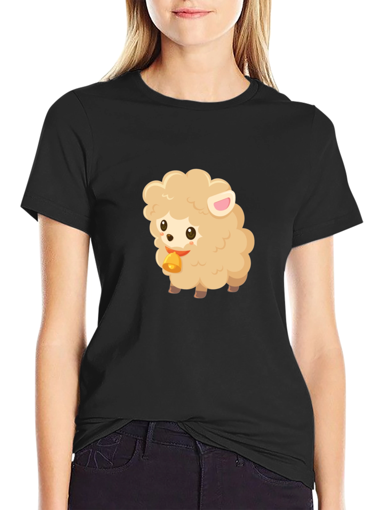 Black Cute Sheep Graphic Tee - Black Cotton Blend view 2