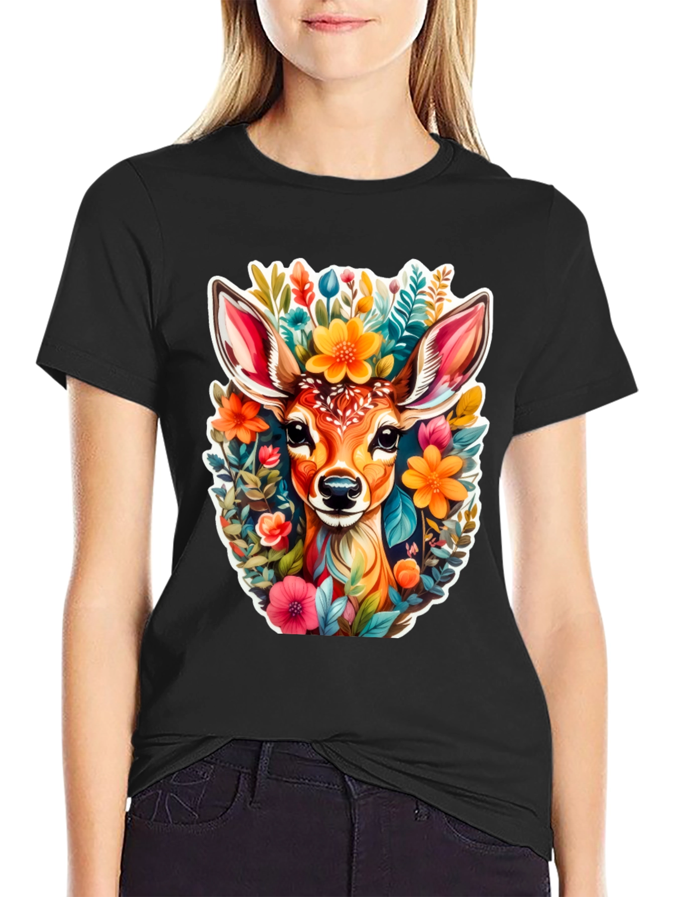 Black Deer & Floral Graphic Tee - Stylish Comfort view 2